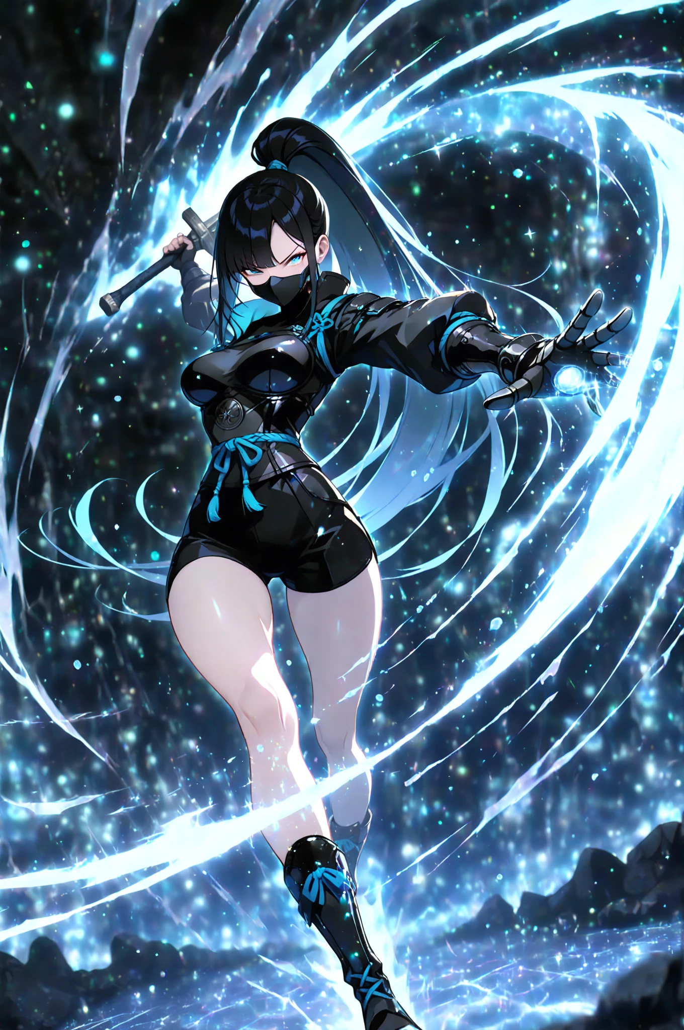 Ninja con dos katanas con aura verde y con rostro cubierto y un aura azul cielo en las botas 