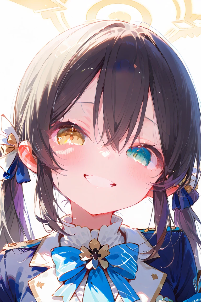 Portrait of a girl, Clear faces, Ruddy cheeks, Bright eyes, natural skin tones, Brown hair, SideBraid, crystal hair, Expressive hair, Hair Bow, lolitahairband, Aqua green eyes, long eyelasher, Diamond-shaped pupils, Sparkling pupils, Wide eyes, Smile, Open-mouthed, anime big breast, Rococo style, classicism, Anime style, Sparkling soft light, Delicate details, Warm atmosphere。