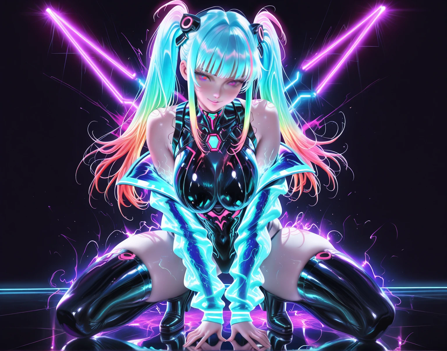 Masterpiece, Top Quality, Girls, Slender, Long Hair Spreading, White Skin, Medium, Pretty, Sexy, Halo, Near Future, Bikini, Too Exposed Skin, Psychedelic, Trip, Highly Colored, Paisley, Highly Colored, Cyberspace, Cyberpunk, Disco, Mirror Ball, Heavenly World, Lotus Flower, Buddhism, Mandala Theme, Open Legs, Eye Shadow, False Lashes, Blushing, Mechanical Left Arm, headgear, smile, full body