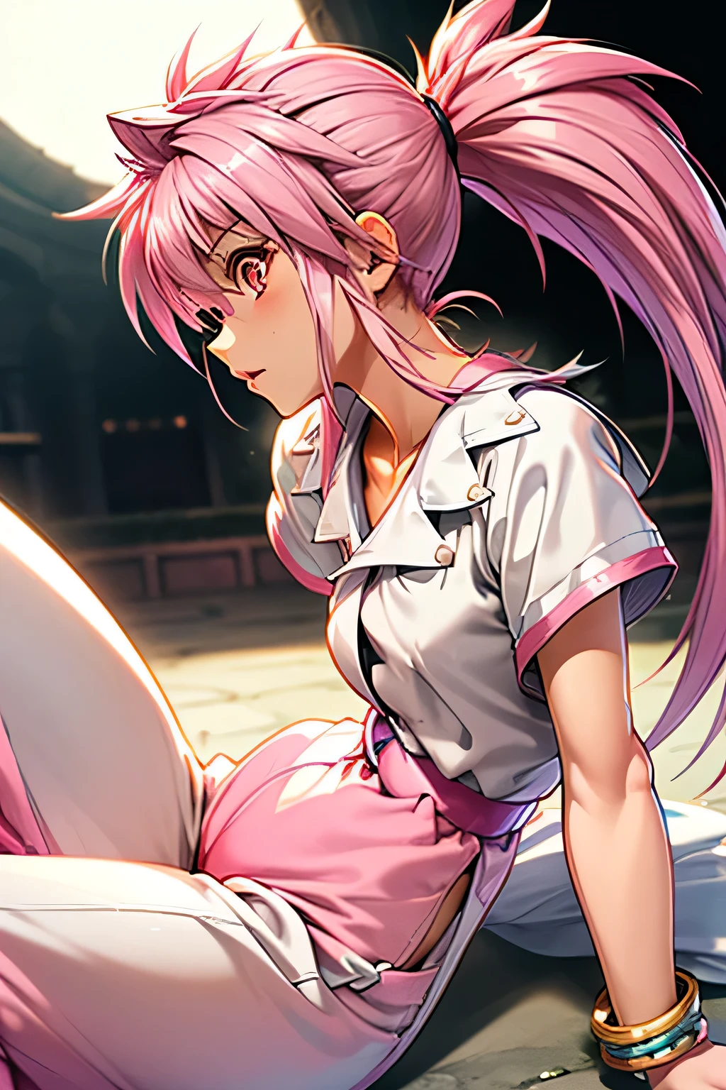 Masterpiece, Best Quality, Highly detailed, illustration, absurdres, street fighter, doll suit, shadaloo doll, agent aika, nazi saluting, military, military saluting, salute, 3girls, Team Squad, expressionless, blank eyes, looking at viewer, red gloves, emotionless, black latex, corrution, zofa suit, zofa soldier, mind control, female combatant, full body, hypnotized, standing, standing at attention, unhappy trance, full body suit, leotard, perfect female body, Pink delmo uniform, jacket, miniskirt, extremely glossy latex, puffy sleeves, Delmo Uniform, jacket, pencil skirt, upskirt panty shot, belt, small waist, Katsura hinagiku, hayate combat butler, pink hair, gold eyes, Long hair
