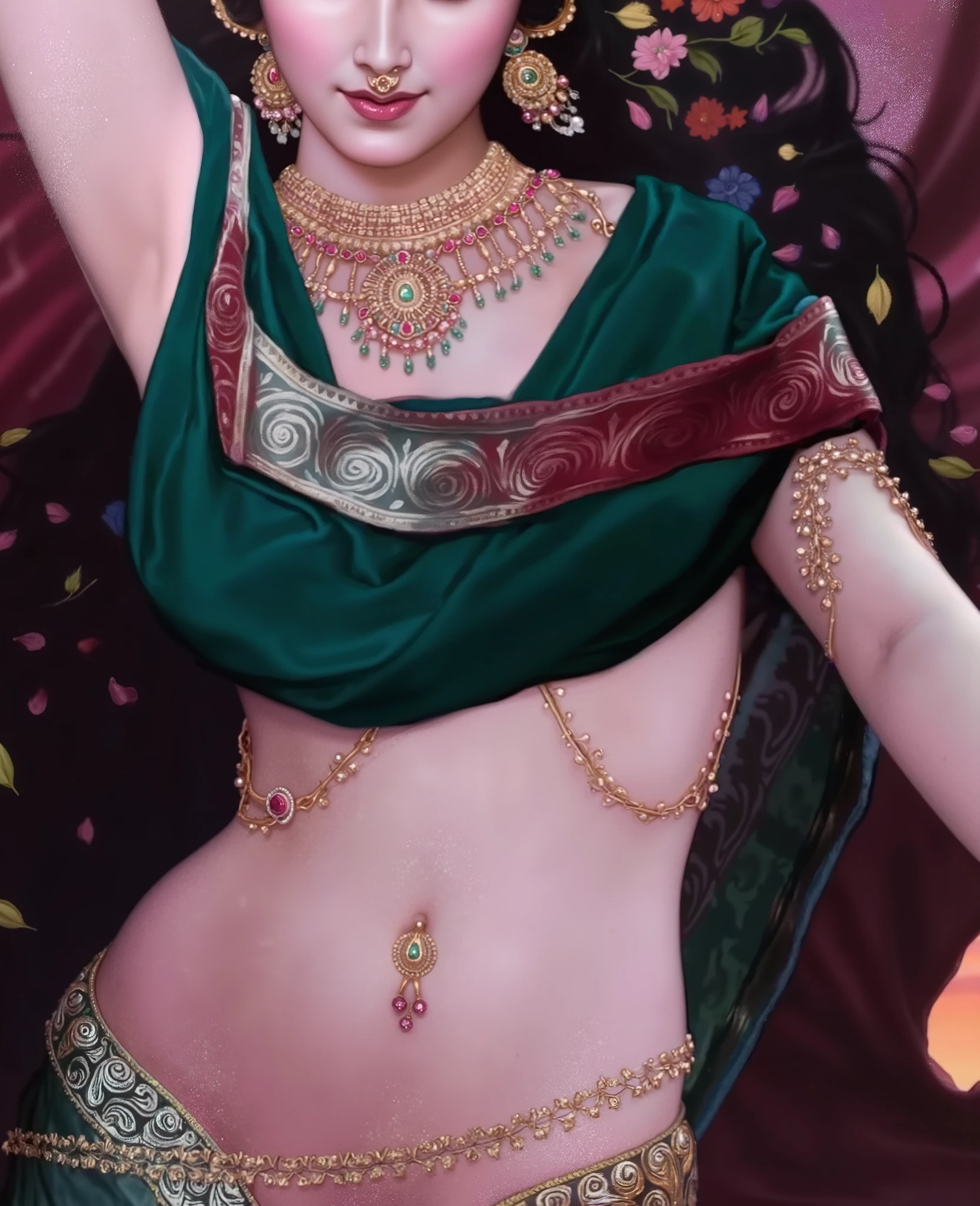 A divine Indian woman in a graceful, mid-dance pose, captured in soft cinematic lighting, evoking the elegance of Raja Ravi Varma fused with fantasy realism. Her upper body is adorned with a rich emerald green saree draped in a classical half-worn style, revealing her toned midriff and elegant curves. The saree features a luxurious maroon and silver border with intricate floral motifs, flowing naturally with her movement. She wears traditional South Indian temple jewelry—an elaborate gold necklace set with rubies and emeralds, matching earrings, a nath (nose ring), ornate gold armlets, and delicate belly chains that loop across her waist and torso. Her skin is soft and radiant with a pink undertone, embellished with delicate white mandala and paisley patterns around the navel and waist, giving her an ethereal, goddess-like appearance. Her long black hair is adorned with fresh colorful flowers—roses, marigolds, and jasmine—blending into the dreamy background of flowing silk drapes and scattered petals. The lower part of her saree is made of shimmering brocade with deep teal and gold patterns, partly visible. The overall mood is intimate and divine, with warm twilight tones—rose pinks, soft violets, and deep maroons—blending into the horizon behind her, creating an aura of romantic mysticism.