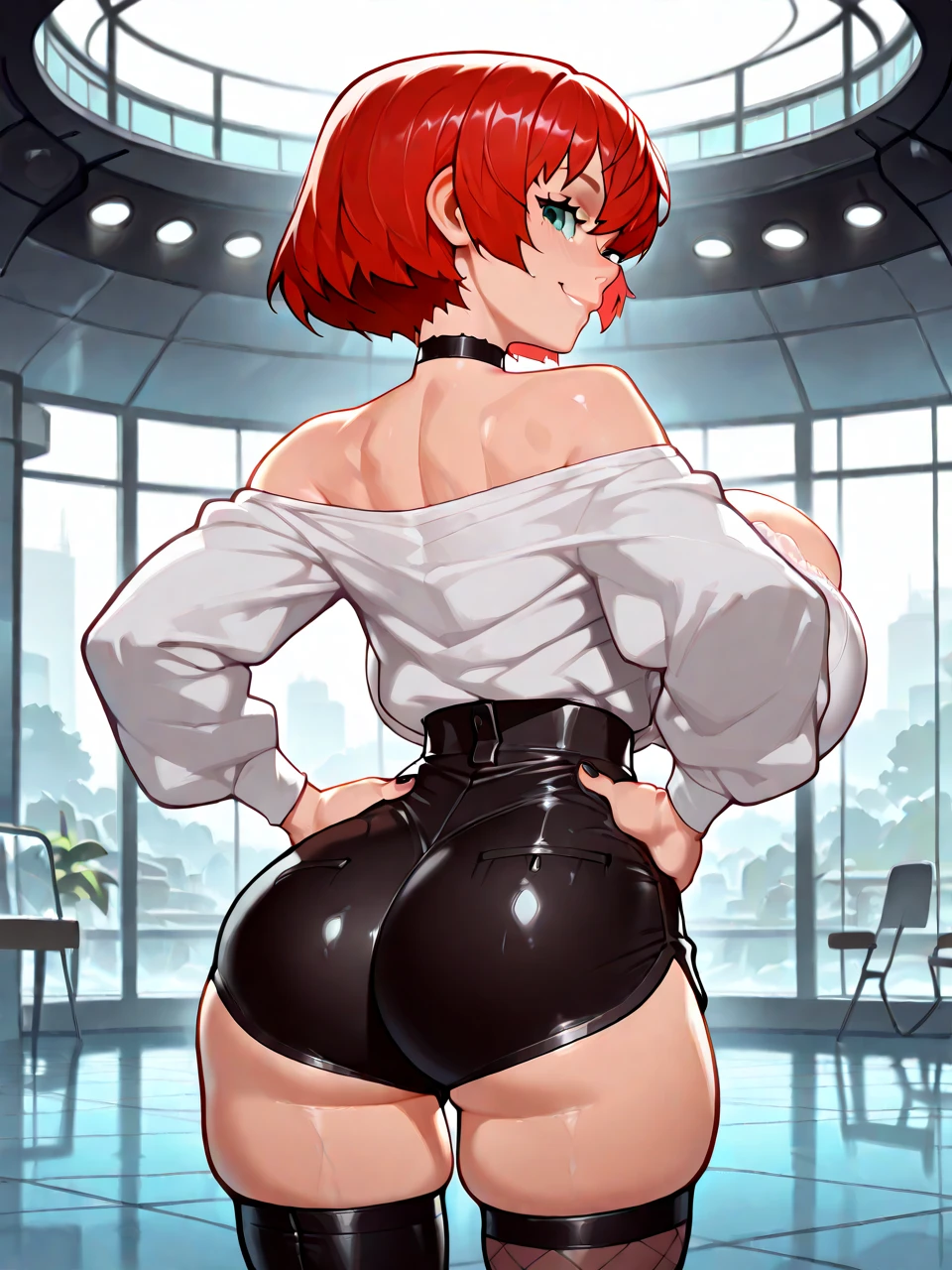 Joanna Dark,Solo,cabello corto,ojos azules,cabello rojo, rubor, session,escote, pezones, foto de cuerpo completo de cuclillas, squatting, sonrisa, dientes, de cerca, nsfw, +18,
(incredibly detailed, hermoso rostro detallado, hermosos ojos detallados, Obra maestra, Cara bonita con brazos y piernas, (muslos negros:1.1) , Ella lleva un vestido con falda apretada, con un vestido sexy con falda ajustada, Calcetines hasta el muslo, sensual con un vestido negro, con un vestido oscuro, usar mini falda y calcetines alaltos, wears a dress with tight and short skirt, the ass is seen through the skirt, ass seen through skirt, ass, back, posing in a room, In a super sexy suit, medias sexy, medias negras, nylons, highthighs, black stockings, stockings, zapato con plataforma, pie con media negra, pie con nylon, feet with stockings, platform mules, mules, Foto de Joanna Dark haciendo una sentadilla,(cara perfecta), Obra maestra, rubor, from behind, mirando hacia el futuro, culo, espalda, vista desde atras
