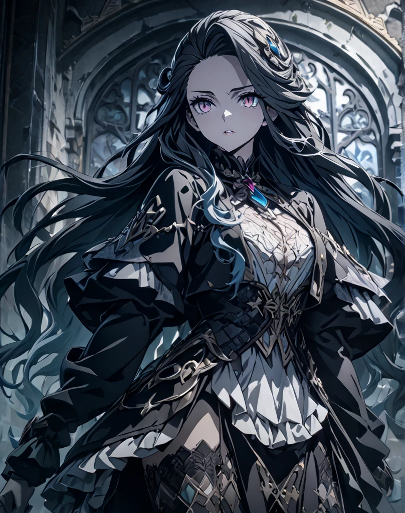 (masutepiece, Absurd quality, of the highest quality, Official art, Beautiful and aesthetic: 1.2), (One Woman: 1.4), Highly detailed, (Fractal Art: 1.3),Dark Fantasy、The sword、girl with、Huge Monster、Huge castle、细致背景、Dark fantasy background、the woods