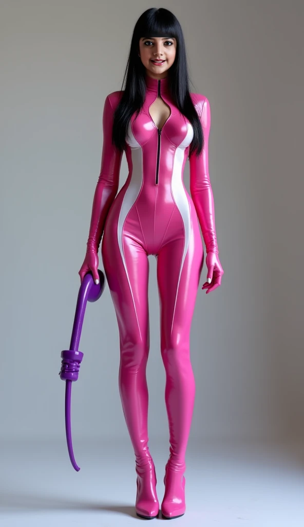 [nene], [newgrounds], ((masterpiece)), ((HD)), ((high res)), ((solo portrait)), ((full body)), ((front view)), ((detailed shading)), ((intricate details)), {(cute asian girl), slim attractive figure, tan skin, cute white eyes, short black hair, short eyelashes, small breasts, curvy hips, beautiful legs, cute tongue}, {(hot-pink overall dress, long sleeve turtleneck shirt, pink leggings, pink headband}, {(mischievous smirk)}, {(holding knife), (looking at viewer)}, [ambient lighting, school ground]