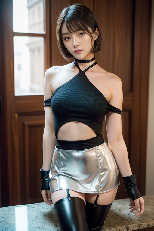 ((masterpiece)), ((Highest quality)), ((Complex)), ((超Realistic)), (Realistic), (Mature Woman), ((There are no classes)), Very detailed, 1 girl, eyelash, double eyelid, (Beautiful Teeth), Grin, Brunette bob hair, Brown eyes, (Lilac long turtleneck), (Red tight mini skirt), ((Thighs)), (stockings), (background: underground), detailed background, Perfect Eyes, Captivating eyes, Looking at the audience