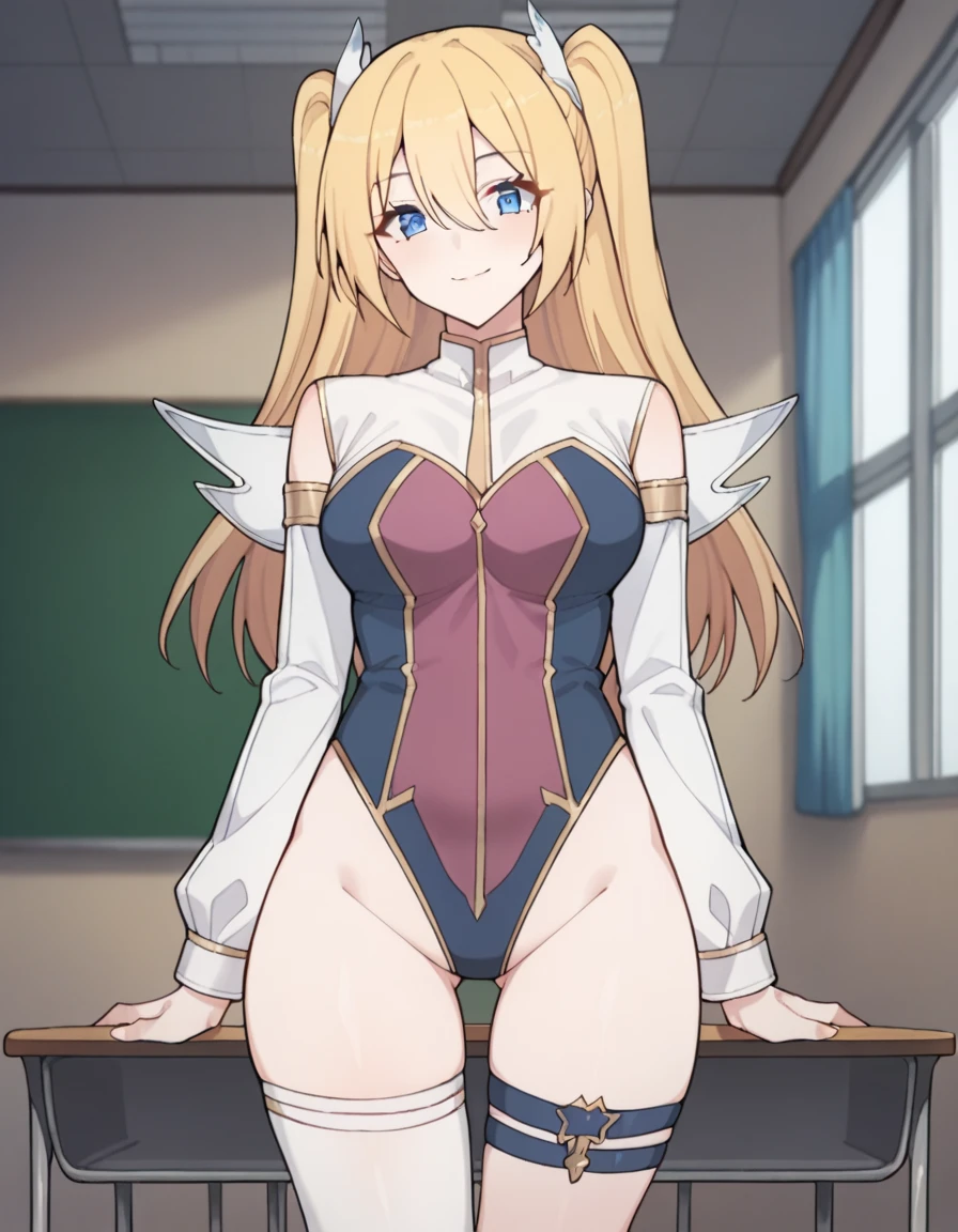 masterpiece, best quality, extremely detailed, anime art style, 1girl, solo, (dark skinned female:1.2), tall female, ((gigantic breasts)), (((blonde hair, very long hair, twintails, red eyes, single horn, pointy ears))), parted lips, (((outfit-bunnyArtoria, elbow gloves))), light smile, (closed mouth), ((sitting on the table, classroom))