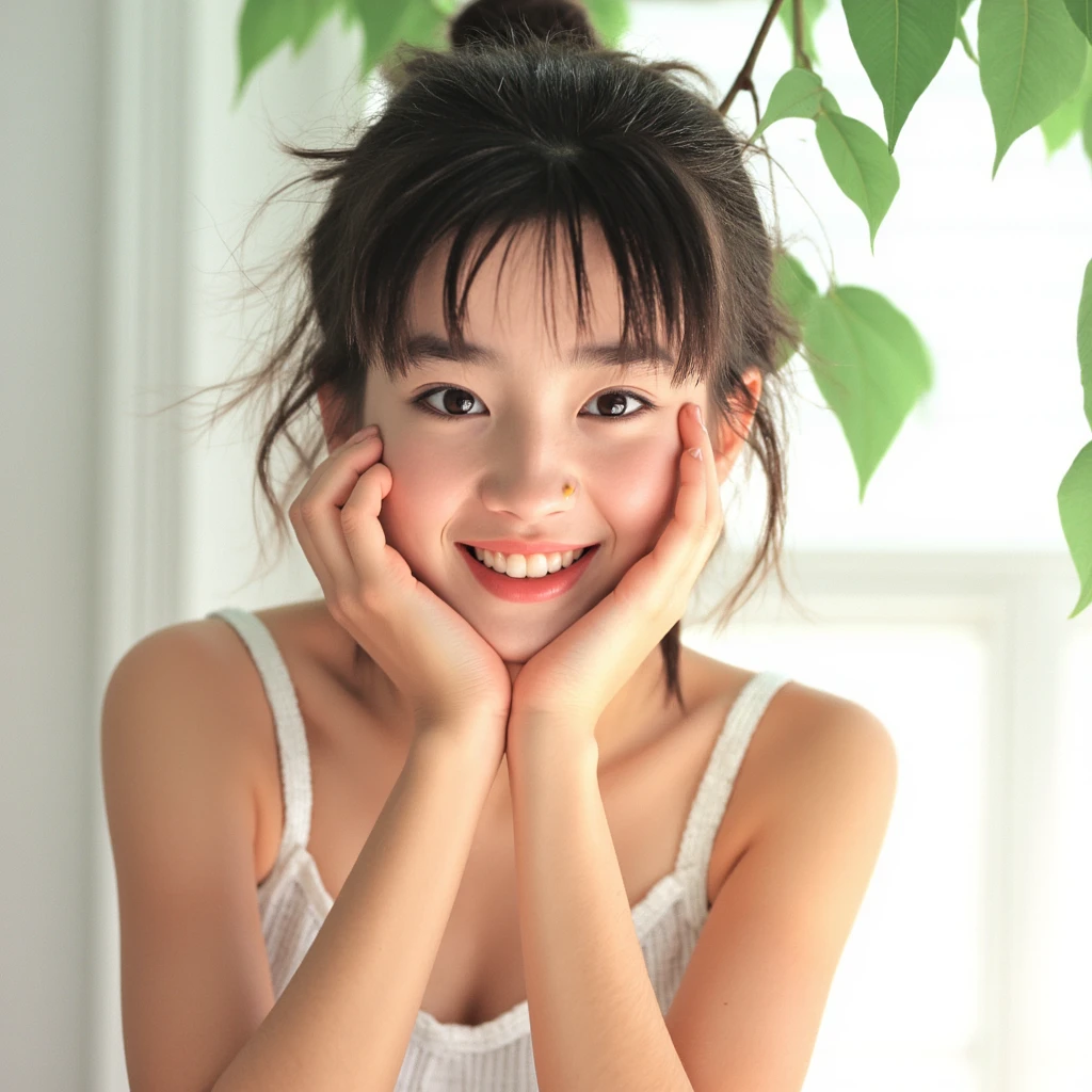 there is a woman sitting on a bench with a cup of coffee, Young Asian girl, young cute wan asian face, girl cute-fine face, chiho, portrait of a japanese teen, Cute young girl, A young Asian woman, cute young woman, Young and cute face, young and cute girl, Beautiful Asian girl, young lovely Korean faces, a cute young woman