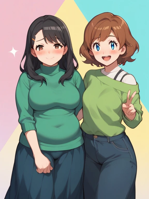 Anime Screenshot, chubby, 2 girls, milf, shy, pudgy face, large round eyes, dark green hair, ponytail, sweater, peace signs, sticking tongue out of mouth, sweating, nervous smile, slightly open mouth, huffing breath, wearing jeans, shirtless, embarrased