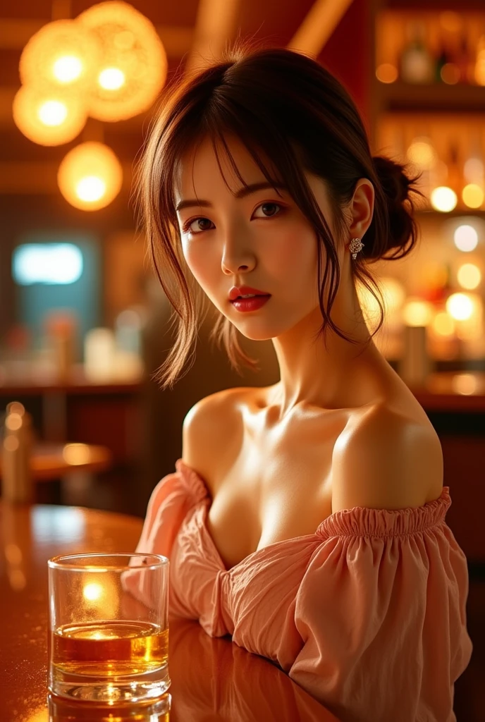 ((extreme close up)), side view, watching camera, A sophisticated bar setting exudes an atmospheric glow, featuring stylish dim lighting and a cozy ambiance. In sharp focus,  a thin Japanese actress in her 20s, with tied medium, loosely curled brown hair, sits on a bar stool. Dressed in a formal tight silky long dress, drinking a short cocktail. inviting me to drink together, The scene captures an elegant, intimate mood, enriched by warm lighting and rich textures, creating a masterpiece of visual allure., from side, UHD, masterpiece, anatomically correct, textured skin, super detail, nipple slip, 
