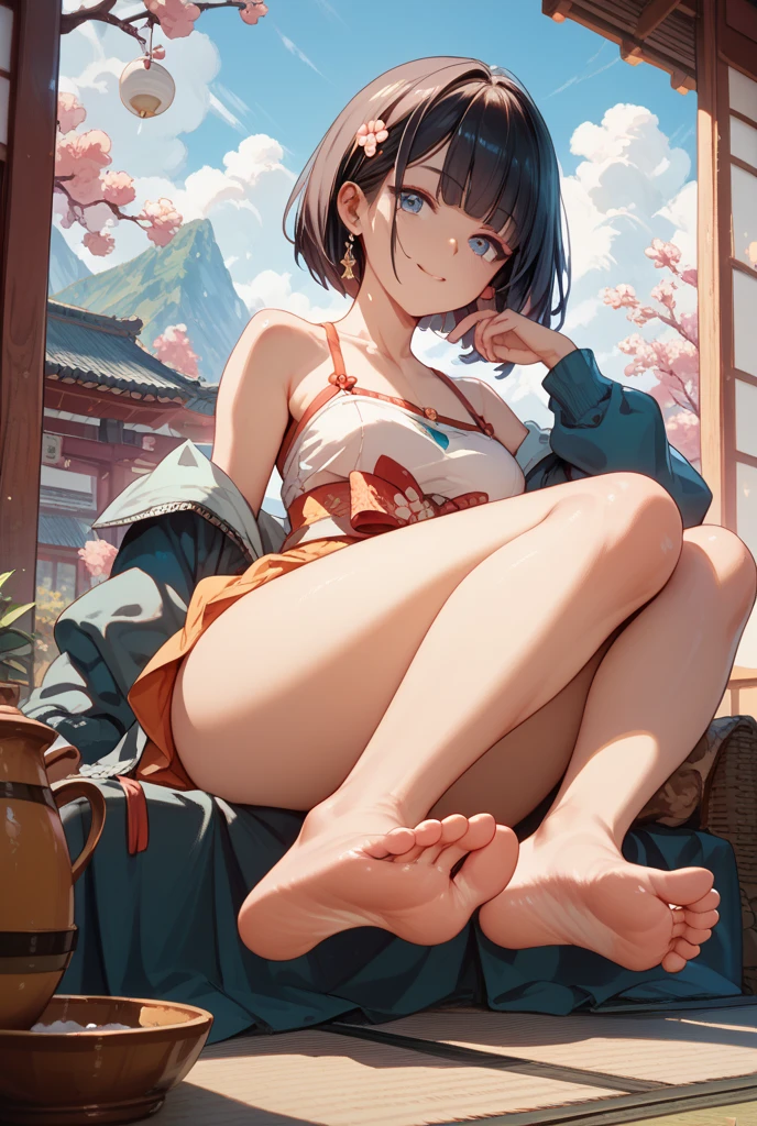 (masterpiece, best quality:1.2), full body, solo, Android 18 from Dragon Ball, ((pink string panties, long yukata, japanese sandals, spread legs, beautiful butt)), small breasts, short blonde hair loose, ((close eyes)), (wearing glasses), earrings on earlobes, slender feminine figure, skinny body, cleavage, light blush, chill, organized, simple, white-based interior, a few plants, cloudy sky, terrace, magnificent view, blur background, 4K, on the cute chair, (pale blue chair), midriff-baring, beautiful armpits, arms up behind, pantyshot,