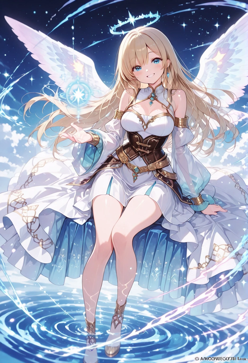 {{{{Crystalline Gemstone Long Gloves}}}},((Beautiful and delicate strawberry blonde wavy hair)),((Crystallize the textured body)),gem body,Crystallization of clothes,((Crystal Texture Skin)),shine, Sparkling,Lens flare, Light leakage, Broken glass，{{{{Dark blue wedding dress with delicate jewels}}}},,Beautiful detailed jewel sky, Sea of Gems,Silver grey beautiful eyes,earrings,full body shot,Warlike,Intricately braided hair,tie hair,pillar of light,night sky,star々,bangles,cross your legs,Wings growing from the waist,Valkyrie