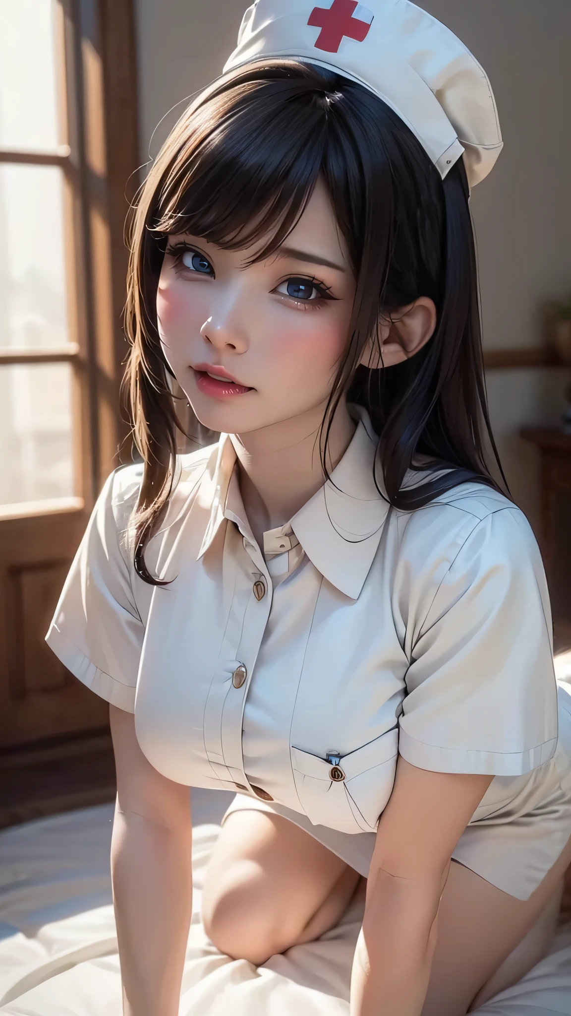 masterpiece, best quality, ultra-detailed, illustration, epic lighting, cinematic composition, isometric, view from above, (full figure:1.1), 1girl, (solo:1.5), cute, blue eyes, green eyes, detailed iris, black hair, swept bangs, single sidelock, red hairclip, unbuttoned white shirt, choker, loose black necktie, yogapants, formal, enchanting gaze, captivating pose, spread legs, indoors, office, door, opening door, looking at viewer, peeking out upper body, blush, seductive smile, closed mouth,(8k:1.1), (ahegao:1.5)