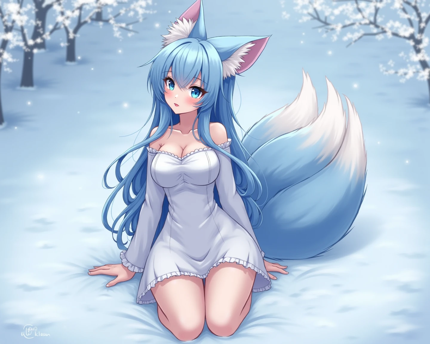 masterpiece, best quality, extremely detail, anime-style, 1 girl, young, adorable, (furry:1.4), (White skin:1.05), medium length hair, Blue hair, red eye, (white fur:1.18), (blue fur:1.02), Frost Beast, (big boobs:0.76),outside, Snow Path, warm colors, pretty face, Happy,naked, NUDE, NUDE breast,black Pubic pussy hair