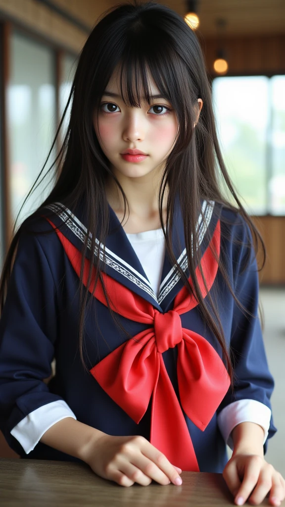 (masutepiece, Best Quality:1.2), 8K, Official art, Raw photo, unbelievable Ridiculous, (Upper body, Sailor Uniform, serafuku, Sitting:1.4), Beautiful Girl, Idol face, arching back down, Pleated skirt, thighs thighs thighs thighs, close up, School uniform, Short sleeve, gardenia, violaceaess, Teen, crass room, Looking at Viewer, No makeup, Film grain, chromatic abberation, Sharp Focus, face lights, Dynamic lighting, Cinematic lighting, Detailed face, Bokeh background, (Dark red bow tie:1.3)