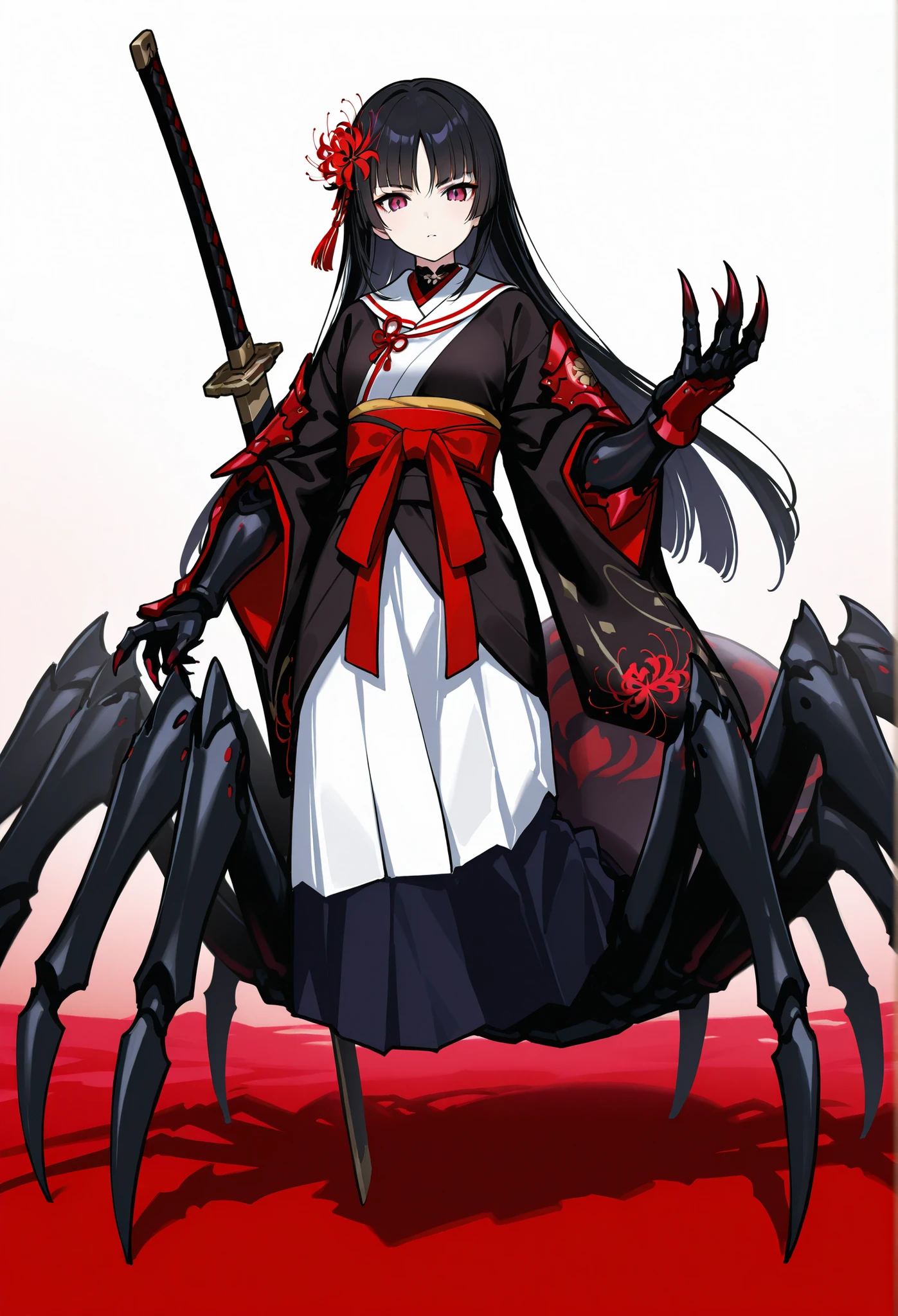 (Arachne: 1.5),
Master-piece, monster, solo, upper body bewitching beauty, lower body is a huge female spider, full body, kimono beauty, black hair straight, bangs snap, crimson lipstick, sink eyes, skull pattern on spider back, background is Japan castle, ruins, many spider webs, candlesticks, golden rays from the ceiling, skull, spider webs, high image quality, high definition, accurate drawing, detailed drawing,