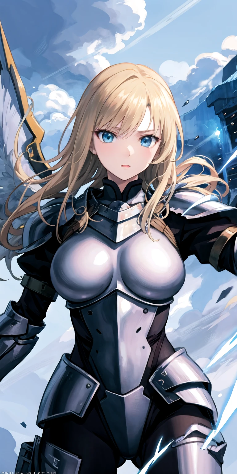 Ultra-high definition image quality、beautiful girl、Female Swordsman、Light armor、Greeboots、Long Hair、blonde、20-year-old、intimidating face、Very short tight skirt、Cowgirl、wilderness、Highest quality,Big Ass、Big Breasts、Thighs、Holy Sword Excalibur、Black panties、Jump by kicking off with your feet、Joan of Arc style、Wind King Barrier、Her hair is flowing in the wind、The sword of promised victory