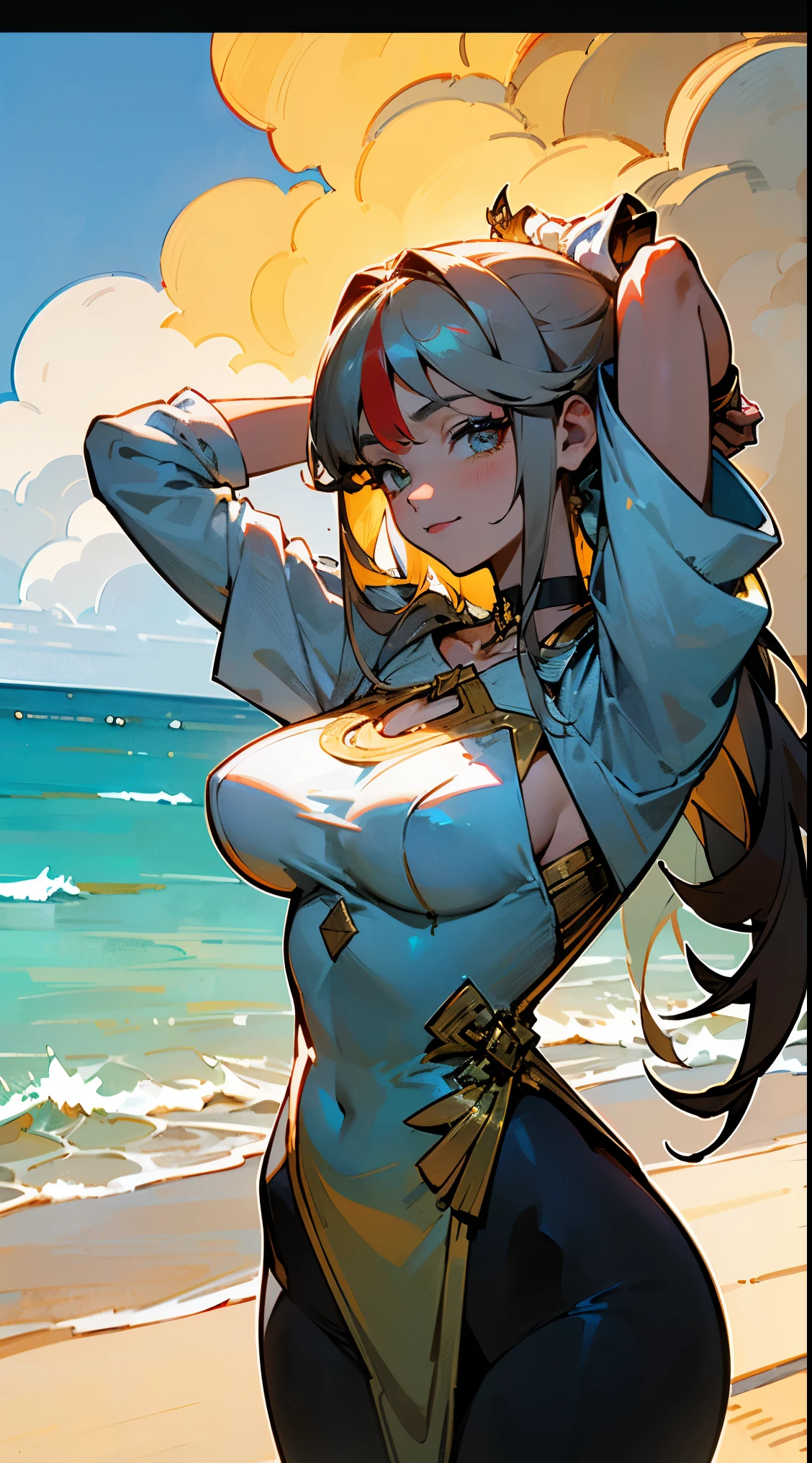 one woman, seductive blue eyes, cow tail, attractive, brown cow horns, long blue haired, white flowers along hair, bangs covering one eye, tan skin, tanning lines, white summer outfit, holding shark plush with beady eyes Large breasts, anime art, up close, cow bell necklace, detailed eyes, zoomed out, anime girl, background beach