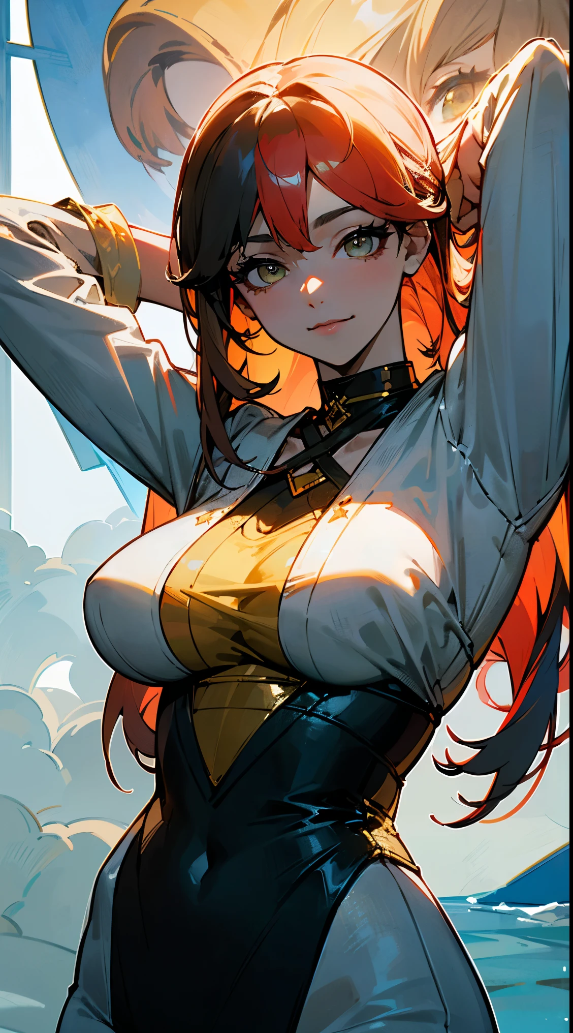 saturated red hair, Princess Hair, very long twintails, large full breasts, Glossy skin,  Pink lips, Peach-colored cheeks, Blue eyes, Golden earrings, With weapons, cosmic space, Rin々Shishi Face, A slight smil, Black jacket, white shirt inside jacket, Navel is visible, Facing up, black underwear, no pants, giant muscular breasts 