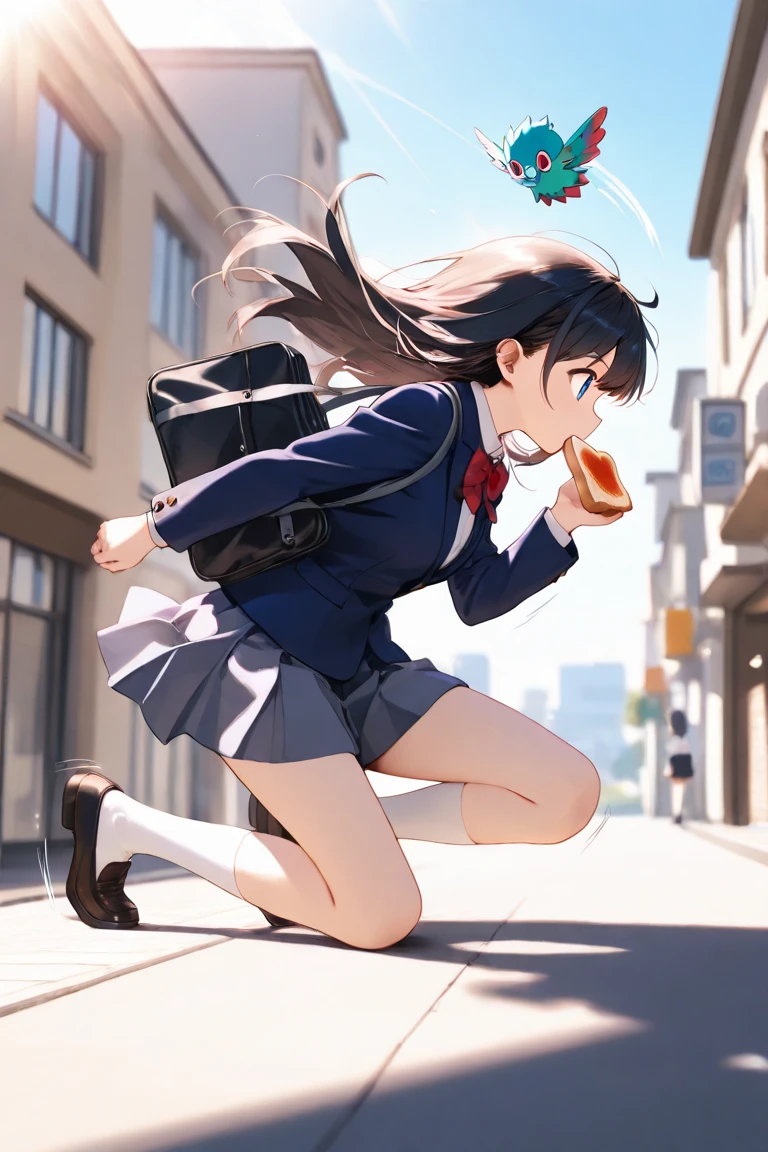 (masterpiece, highest quality:1.2), 1 girl, alone, (((少女は食パンを口に銜えながらRun、I&#39;m in a hurry)))、desperate look、A face like that&#39;Looks like I&#39;m going to cry、Run、Run、Run、bread in the mouth、Cowboy shot of a girl. 背景は動きを演出したmotion blurでボケている、motion blur、