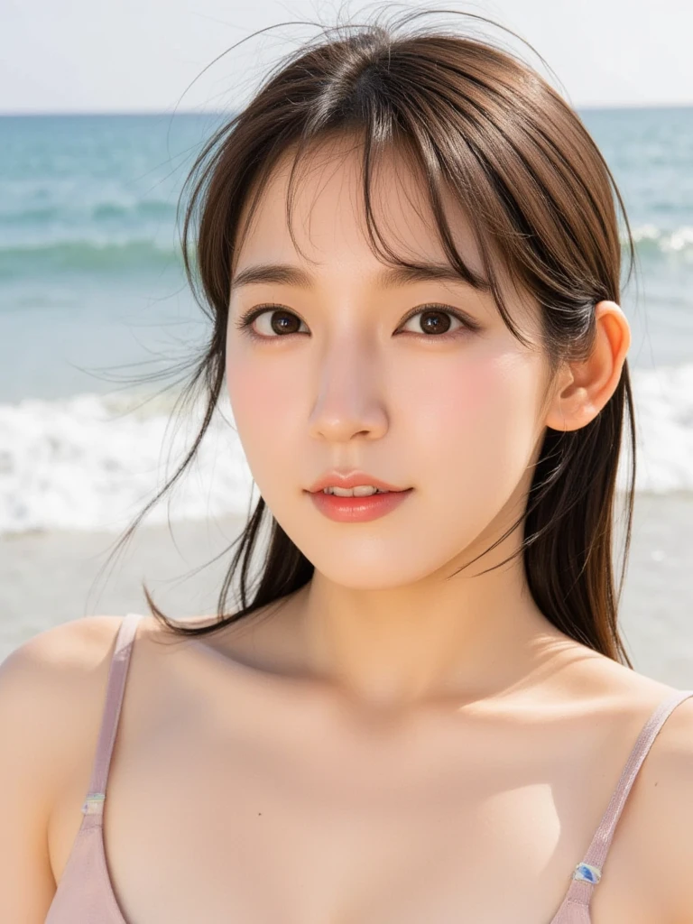 ((highest quality, 8K, masterpiece :1.3)), (realistic, Photoreal:1.4), sharp focus：1.2, 
Bright colors, professional level, shallow depth of field, 
20-year-old, 1 person, A beautiful face with intelligence, 
Supple body :1.3, model body shape:1.5, 頭w:1.4, perfect style：1.4, 
narrow shoulders, beautiful clavicle, long and thin legs, The beauty of slim abs :1.2, thin waist :1.2, 
super detailed skin, Fair skin, Shiny skin, 
super detailed face, slim facial contour, beautiful small face, Beautiful lined nose, 
super detailed eyes, long slit eyes, brown eyes, double eyelid, beautiful thin eyebrows, fine long eyelashes, 
super detailed lips, plump lips, glossy pink lips, flushed cheeks, beautiful teeth, 
Beautiful actress&#39;s ennui makeup, pink lipstick, (necklace, earrings), 
milk greige hair, delicate soft hair, 
(hair up, short hair, ponytail:1.2), layer cut, (dull bangs:1.2), 
(Dress up with trendy fashion:1.2), 
gentle smile, open mouth half way, Enchanted expression, stare at the camera, 
dynamic lighting, ((Hasselblad Photos)), 

(She is completely naked wearing a sheer polka dot low rise bikini., upturned breasts:1.3), 
(perfect breast shape, B cup:1.2), It is a small pale pink areola.,  
(She has a cute plump butt, My thighs are dazzling), 
(View from the front, pay attention to the thighs, full body portrait:1.2), 

blue sky and aegean sea, sea beach, The horizon of the ocean spreading out in the background, 
(She is squatting with her legs spread in a beautiful posture., Diagonal angle of view), 
She poses sexy with her hand between her crotches, 
cinematic lighting, midsummer rays, Bright light shining all over, 