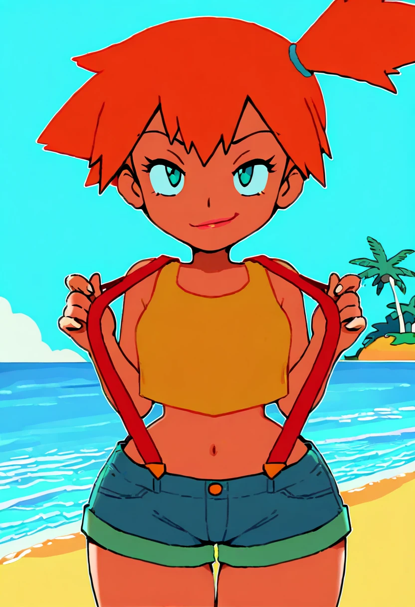 Twintail, red haired, 1girl, grey eyes, tall, well toned, well built, muscled, toned muscles, red highlights, beach, pink, black bikini, pov, sit, looks at the viewer, spread legs, blushing, sweating, (rubbing vagina:1.2), stockings, (ahego:1.5) ,At school, frontal, purple short skirt, bag, smiling, abusive, super detailed, 4k, (black lingerie:1.5), 16bit