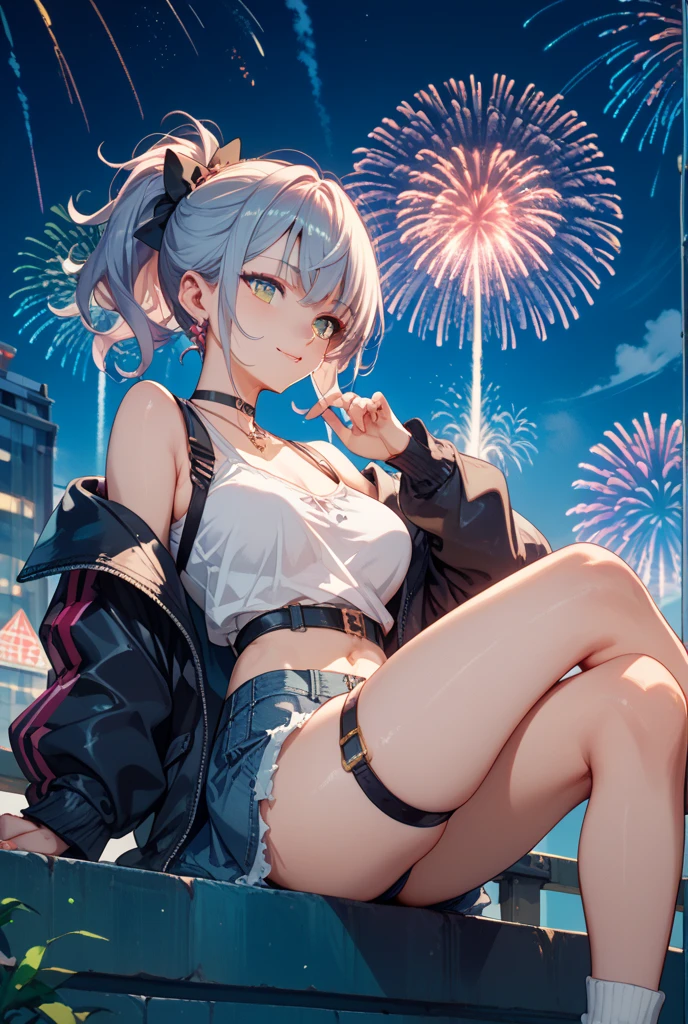 Highest quality、High definition、A very cute beautiful girl、Pretty lips、Very sensual、feminine、Skin like in the picture、Glossy Skin、Various hairstyles、Different hair colors、Flowing hair texture、A beautiful woman with a large amount of milky liquid flowing all over her body、Sweaty、Midsummer clothes、Short skirt、Garter belt and stockings、Blue and pink camisole、chest、Navel costume、Shoulder Bare、Sexy pose、T-back shorts、At the fireworks display、At the foot of the bridge、