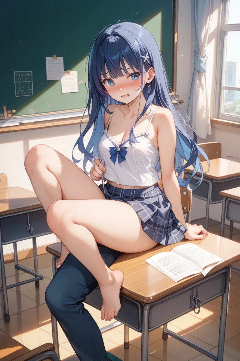 Big Breasts、A girl in a white gym uniform with erect nipples、Navy blue bloomers with a clearly visible slit、barefoot、classroom、A boy in uniform with an erection、Three boys fondling a girl's breasts