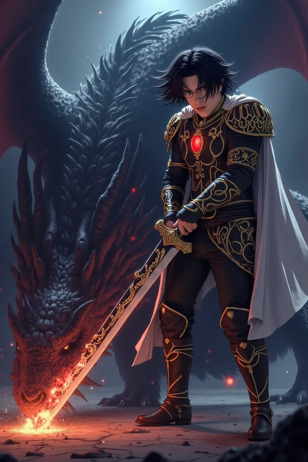 mythology, dragon slayer boy with sword, wearing black, dragons flying in the sky in the distance behind him