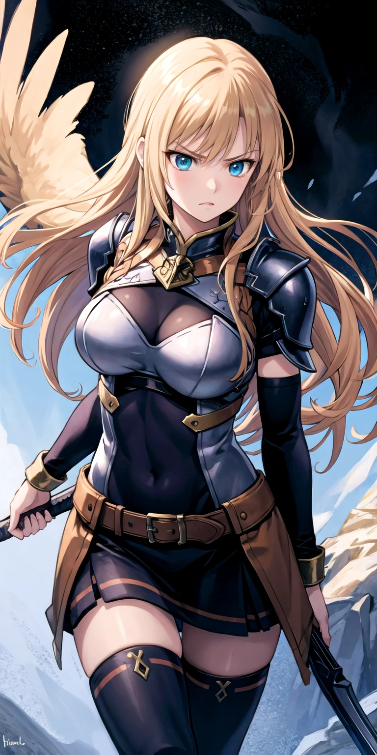 Ultra-high definition image quality、beautiful girl、Female Swordsman、Light armor、Greeboots、Long Hair、blonde、20-year-old、intimidating face、Very short tight skirt、Cowgirl、wilderness、Highest quality,Big Ass、Big Breasts、Thighs、Holy Sword Excalibur、Black panties、Jump by kicking off with your feet、Joan of Arc style、Wind King Barrier、Her hair is flowing in the wind、The sword of promised victory、god々Wearing a bright aura