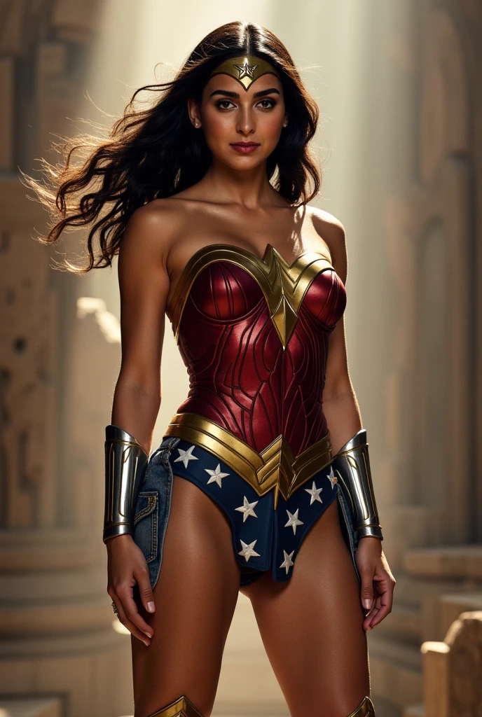 PhotoRealistic Art Style Best Qualit:1.3, Natural Beauty, Masterpiece, Full Body View Visible, Hailee Steinfeld, Perfectly Accurate Face Proportion,Realistic Light Hazel Brown Eyes, Thick Eyebrows, Brown hair, slim toned Thighs, tight ass, perky round breast , slim athletic body type, perfect body type, wonder woman