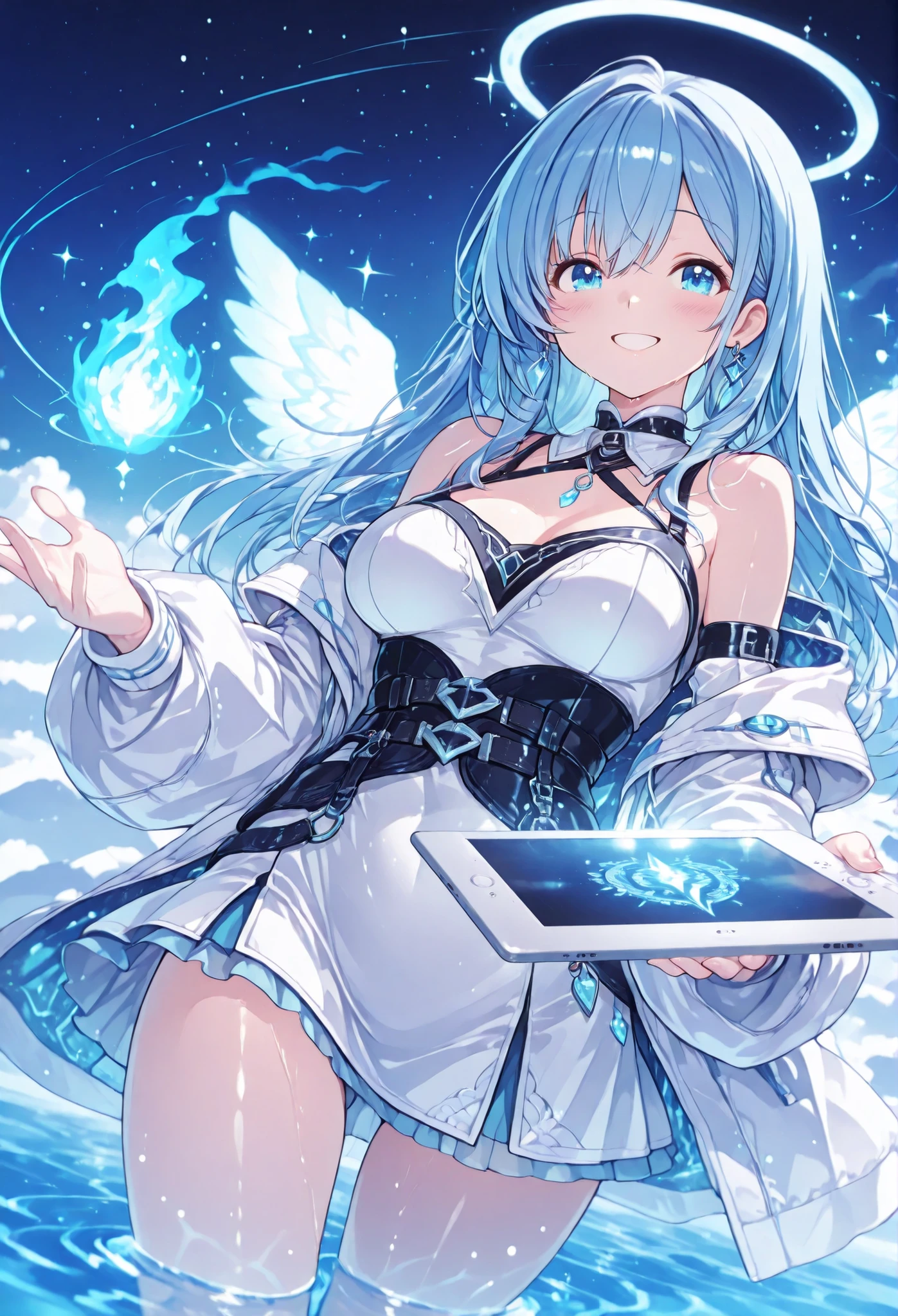 Behold a bridge between past and future; a figure clad in the flowing silks and structured lines of a neo-classical style—an asymmetrical ensemble of blue, magenta, and white that seems to shift and move like the aurora borealis caught upon a midwinter's night. In one hand, a sleek, futuristic sleeve that resembles a digital artist's tablet, layers of circuitry and creativity intertwined, pulses with a radiant glow. Her eyes are pools of depth, filled with 'prompt strings'—those ink-written symphonies that flicker like distant galaxies, telling tales untold with each luminous blink. She is a navigator of hearts and minds through the vast digital seas, her comforting presence a soft song of reassurance and direction, a glowing beacon in the electric blue haze of tomorrow. Stand in her aura, lush with dreams that rise like the morning mist, and step into a tapestry woven not from fiber, but from light and sound—a harmonious blend of tradition's warmth and the exhilarating chill of advanced discovery, where each shadow hides a stunning revelation.