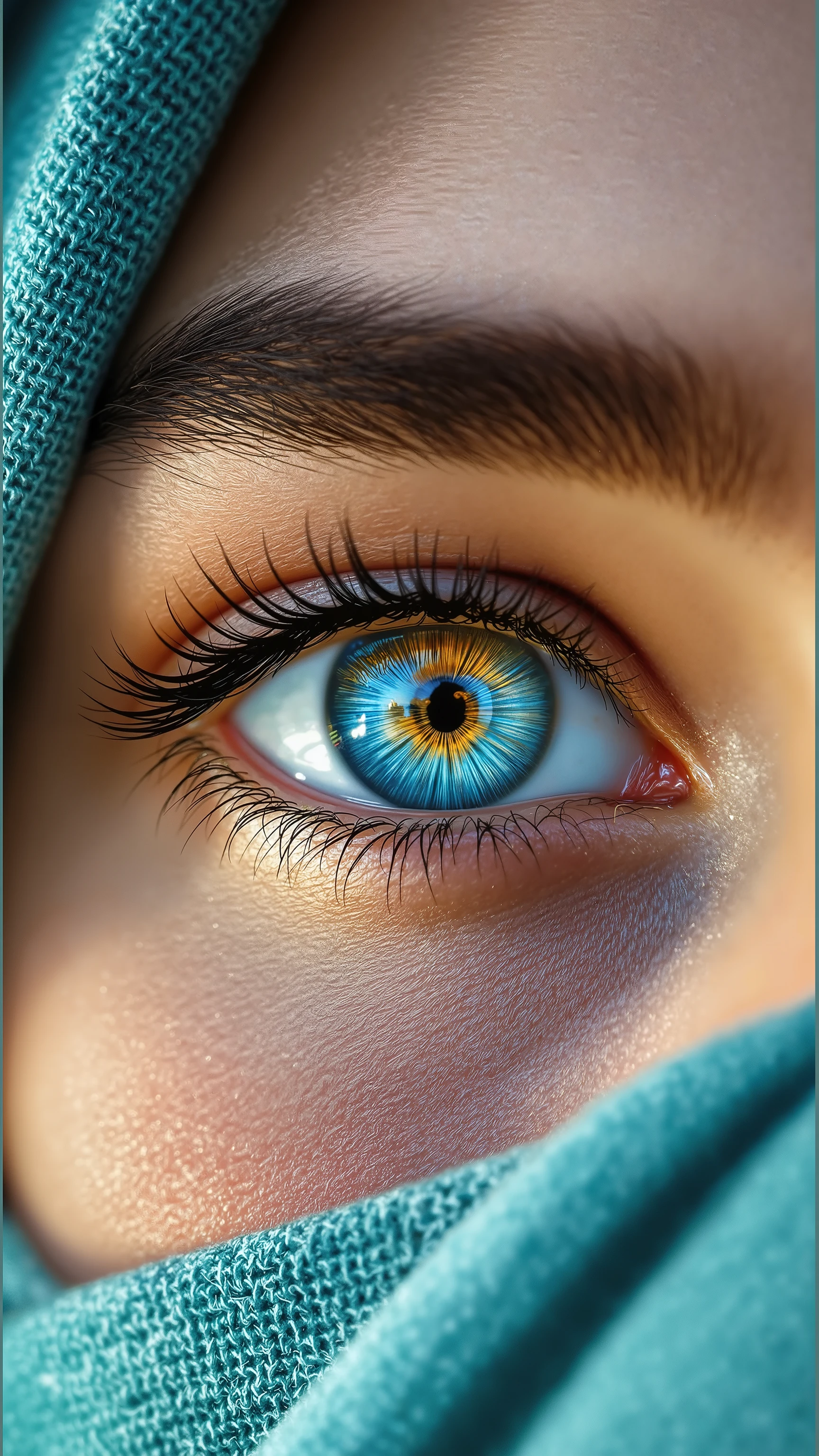 A mesmerizing, ultra-detailed close-up of a young person's striking blue eye, partially concealed by a textured teal fabric. The eye is stunningly vibrant, with intricate radial patterns and a rich mix of azure, sapphire, and golden hues.