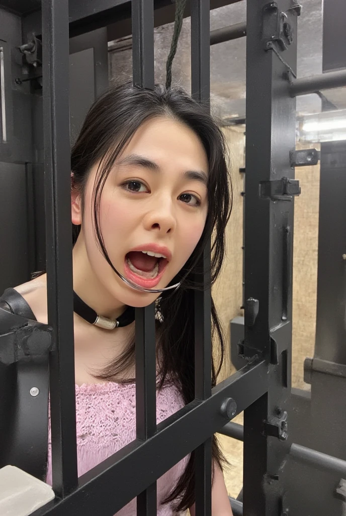 unparalleled beauty,Beautiful woman,scared look,(prison),(prison),(in a cage),get down on all fours,crawl on hands and knees,kneeling position,Posture with butt sticking out,dog pose,((stick out tongue)),((drooling)),Kamimei,From above,(collar with chain), With cuffs,fetters,surrealism, f/1.2, fujifilm, 35mm, 8K, Super detailed, nffsw, table top, rough skin, high quality, 最high quality, hard disk