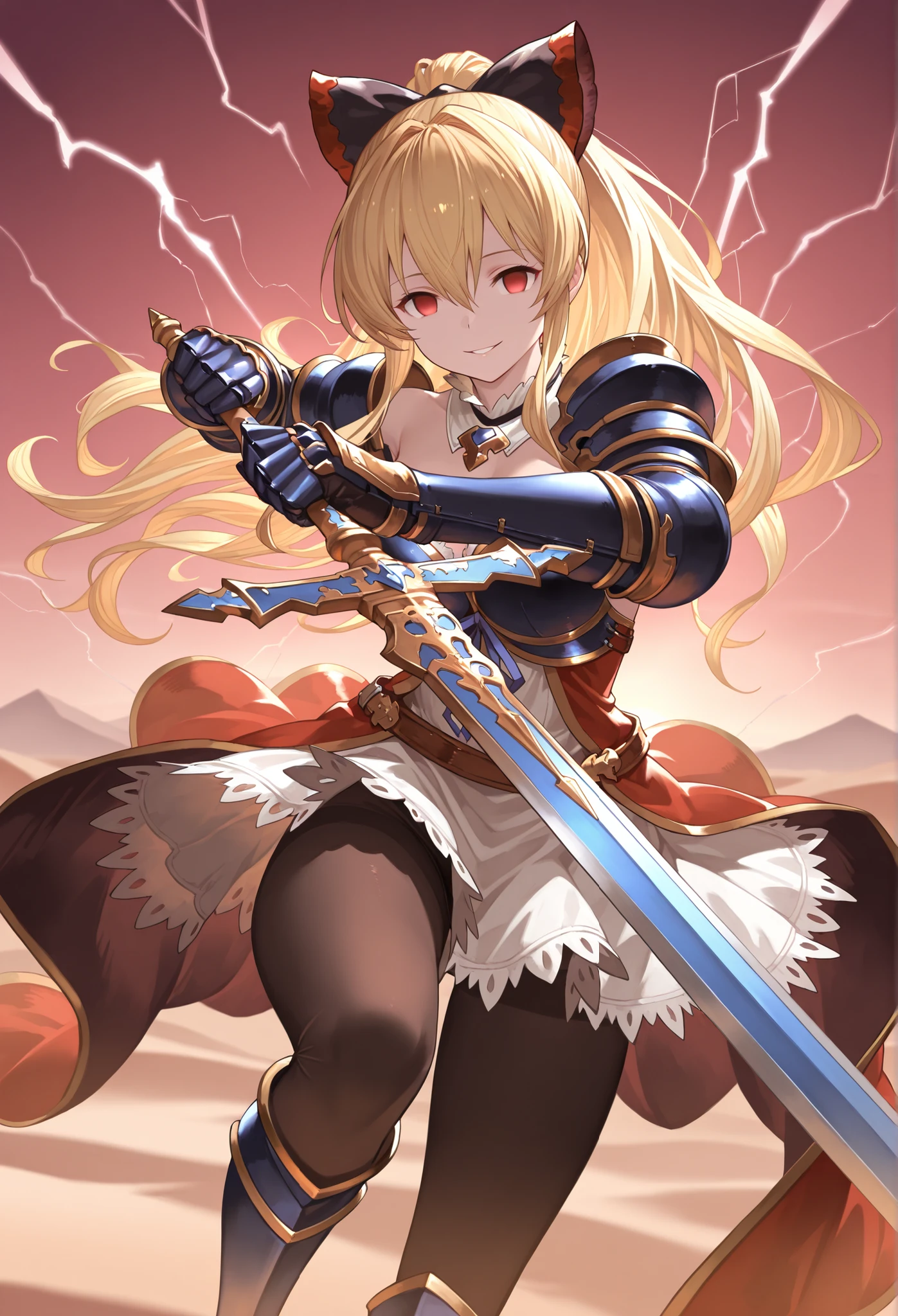 1girl, long hair, blonde hair, drill hair, blue eyes, headband, bikini, armor, detached collar, single pauldron, gauntlets, greaves, showgirl skirt, standing, outdoors, forest, holding sword, smug, looking at viewer, cowboy shot score_9, score_8_up, score_7_up, score_6_up, score_5_up, score_4_up, BREAK source_anime, masterpiece