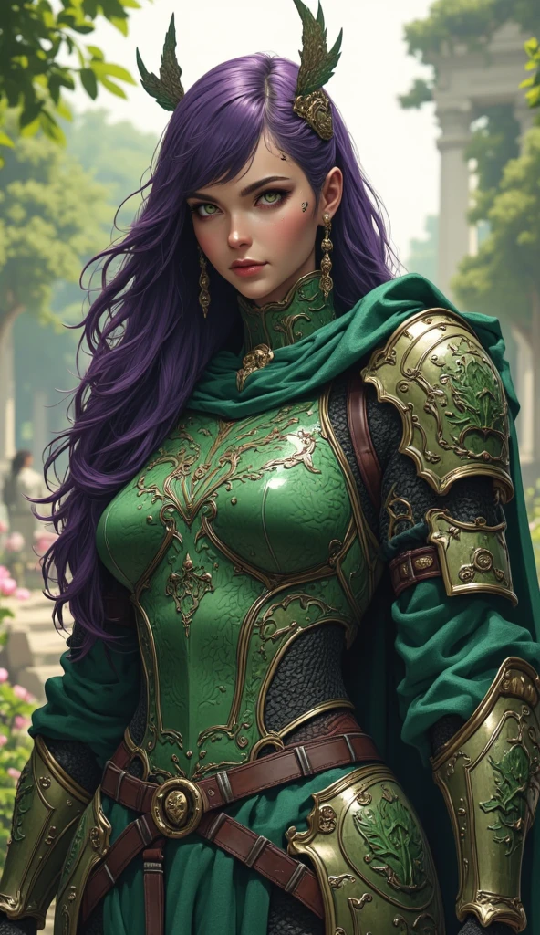 (artwork, hyper-realistic), "mighty viking warrior woman", (purple hair, green eyes) intricate details, highest quality