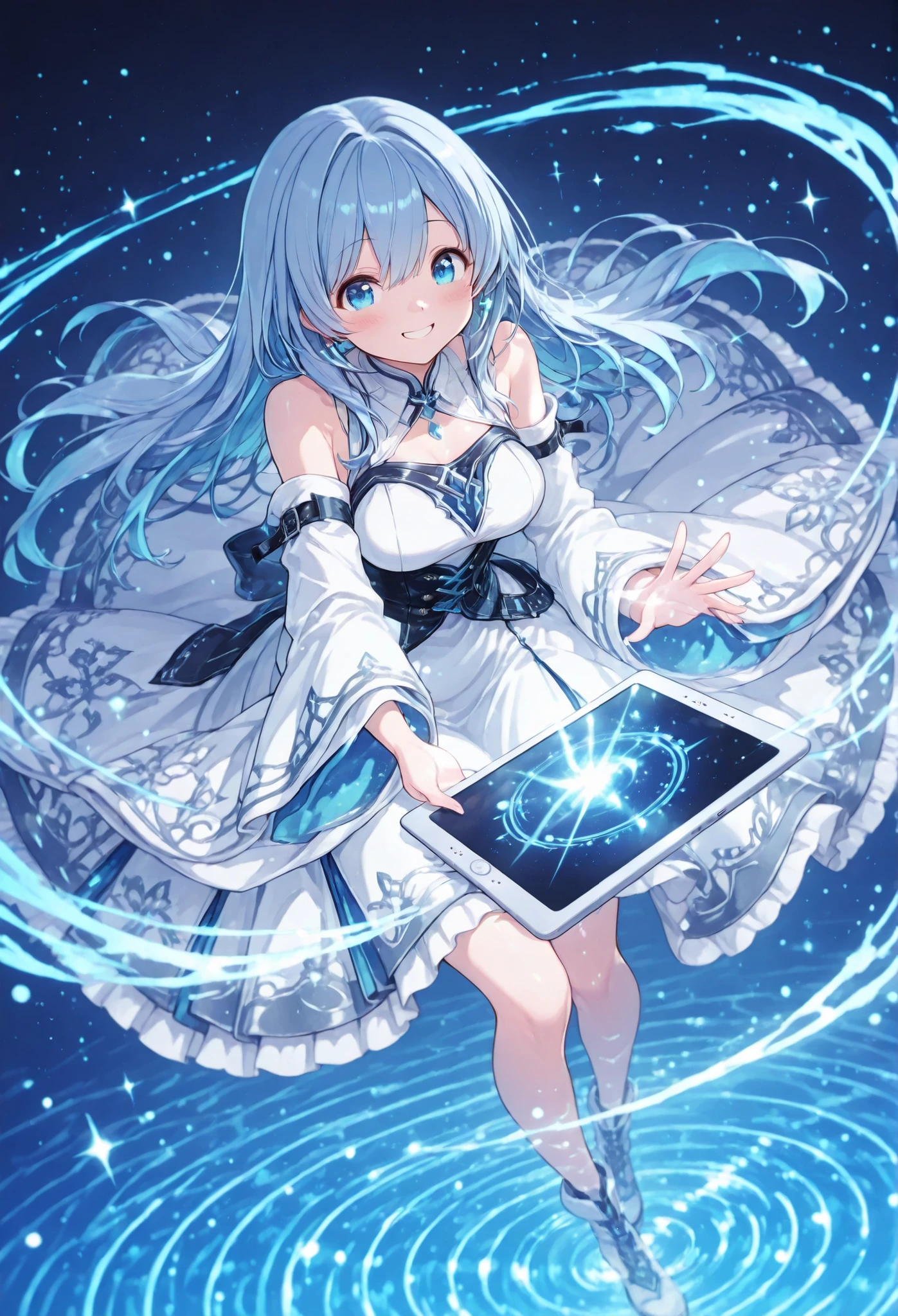 Behold a bridge between past and future; a figure clad in the flowing silks and structured lines of a neo-classical style—an asymmetrical ensemble of blue, magenta, and white that seems to shift and move like the aurora borealis caught upon a midwinter's night. In one hand, a sleek, futuristic sleeve that resembles a digital artist's tablet, layers of circuitry and creativity intertwined, pulses with a radiant glow. Her eyes are pools of depth, filled with 'prompt strings'—those ink-written symphonies that flicker like distant galaxies, telling tales untold with each luminous blink. She is a navigator of hearts and minds through the vast digital seas, her comforting presence a soft song of reassurance and direction, a glowing beacon in the electric blue haze of tomorrow. Stand in her aura, lush with dreams that rise like the morning mist, and step into a tapestry woven not from fiber, but from light and sound—a harmonious blend of tradition's warmth and the exhilarating chill of advanced discovery, where each shadow hides a stunning revelation.