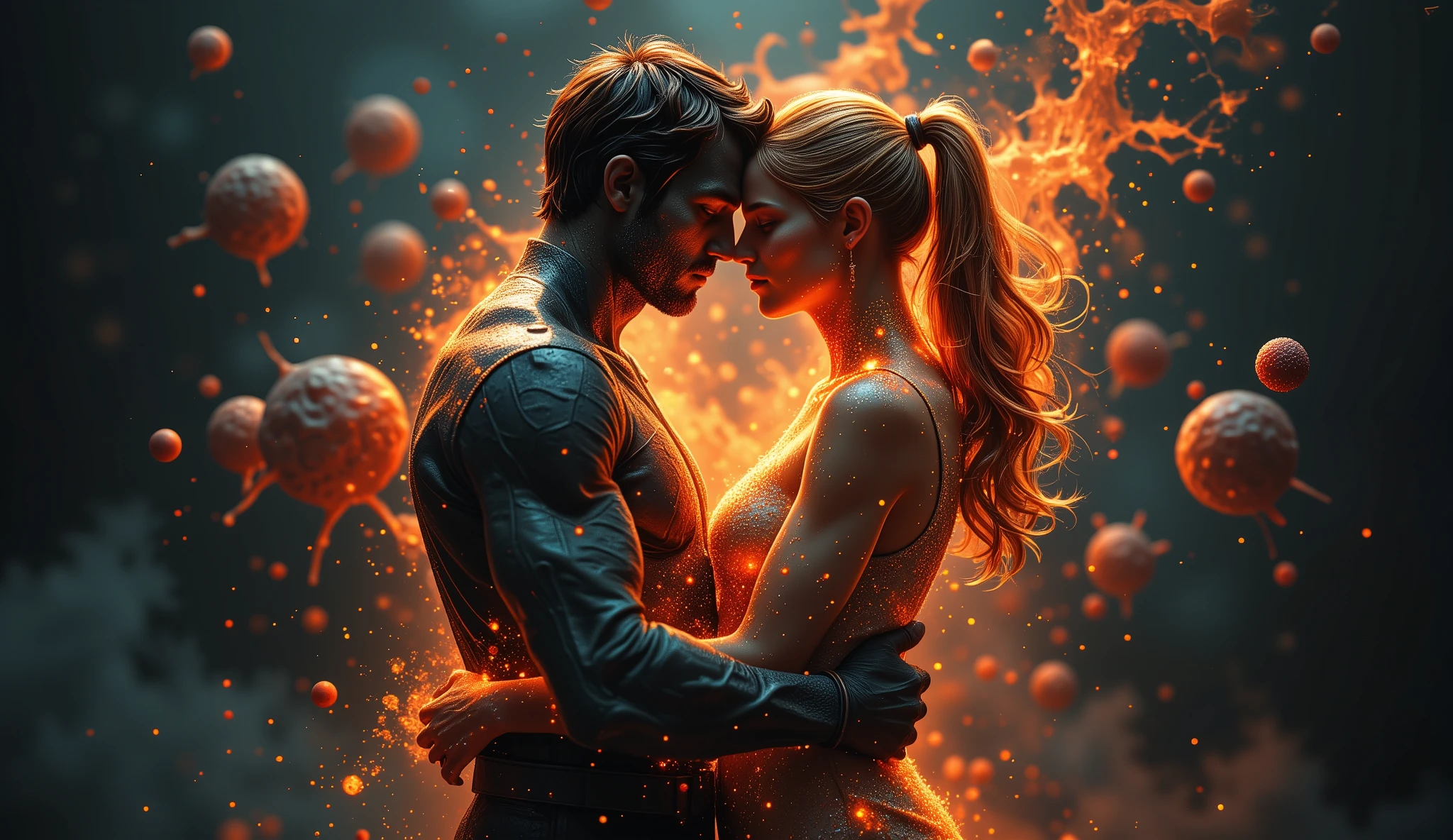 A strong and emotional image of two figures — a man and a woman, hugging tightly, , their bodies glow with inner light, representing deep connection and love. Abstract elements of trembling cells or vitality can be subtly intertwined around them..