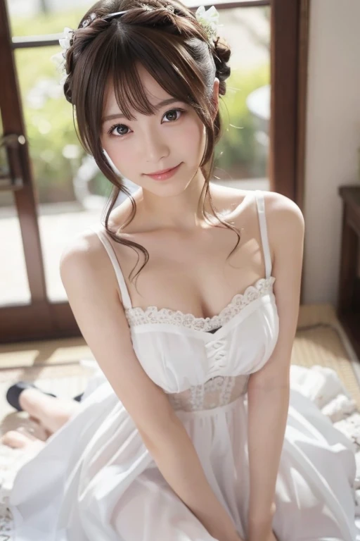 (Best-quality, Masterpiece, Ultra-High-Resolution, (Photorealistic:1.4), Raw Photo, depth of field, professional lighting, perfect anatomy, extremely details), 1girl, 15-years-old, the most famous Japanese idol, cowboy shot, ((In Adorable room, Adorable decor, detailed Adorable-room, detailed Adorable-decor)), (((wearing cute-lacy clothes with cute-design)), (extremely cute face like the most popular Japanese idol, (extremely cute and extremely big eyes), extremely cute skins), extremely beautiful hair, extremely cute long-eyelashes, extremely cute lips, extremely cute cleavage, extremely cute body, looking at viewer, innocent smile, dynamic pose