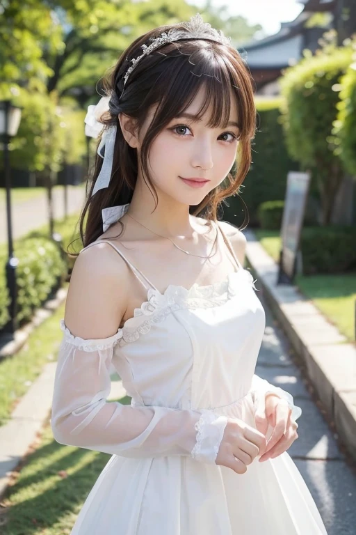bright表情、Photorealistic:1.32、highest quality、超A high resolution、最も美しい日本のgirlの写真、Cute and beautiful face details、Small Face、(Purelos Face_V1:0.008)、美しいbangs、14 years old、Radiant, fair, glowing skin、Hair gets tangled in the face、girl1people、顔まで伸びるbangs、bangs、Hair between the eyes、Attractive brown silky hair、bright、Clear eyes shine charmingly、Dynamic pose、highest quality、Disorganized、((the cutest girl in the world))、日本people、((Maxi length see-through lace dress with ribbon:1.3))、(ponytail:1.3)、(tie with a thin ribbon)、Nice and cute、An innocent smile、nice smile、No cleavage、(Large Breasts:1.3)、(Posing cutely:1.3)、Side Tail、Brown Hair、Small waist、Detailed beautiful eyes、View your viewers、Upper Body、Close-up of face、Front view、