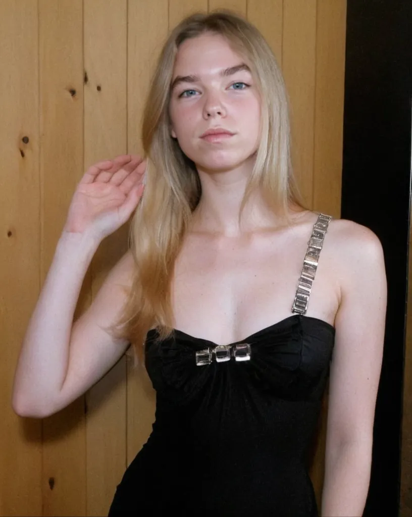 A girl with long, straight white hair wearing a corset that resembles wood carved into her body and a long black skirt.,I want her posing for the paparazzi,She's going to be at a fancy event, I want her skin to be white.