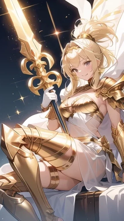 fantasy, 1devil_girl, low_teen, platina_blond_hair,long_bangs,, bare_shoulder, navel out, thighhighs,silver_armor, white_clothes,waist_armor, Glebe, hold_swords, large_breasts, dynamic_flying_pose,Floating,(pelvic_curtain:1.3), silver_Headgear ,looking_down_at_sunrise_city_sky_background,,slightly_spread_legs, some_swords,some_swords_floating_around_the_girl,solo,horn ,smile,,open_legs,open_arms,rise_knee,rise_leg,rise_thigh,rise_leg,forward_leaning_posture,apart_legs,fang,Shiny_gold_eyes,crotch