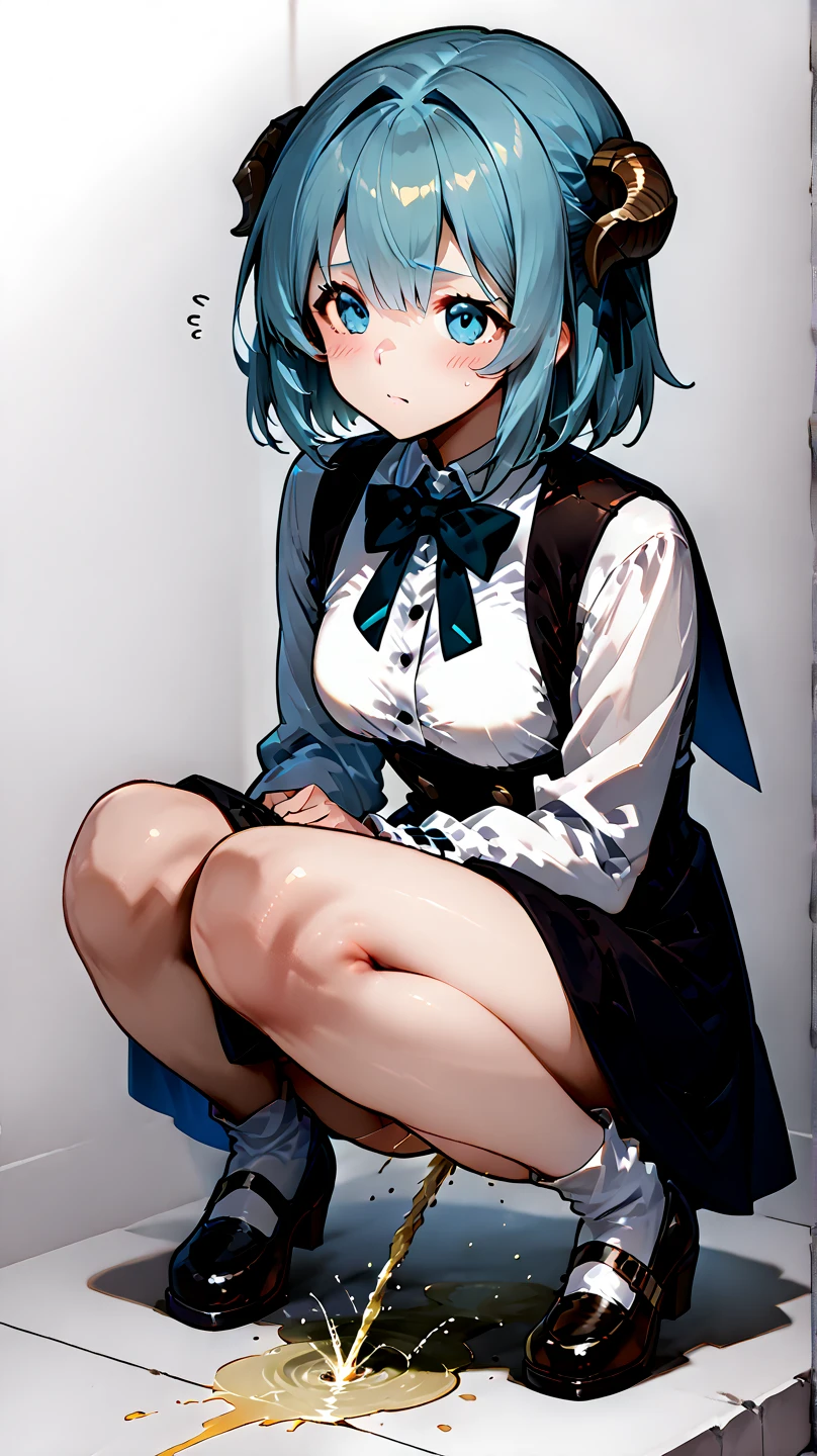 tiny girl,Colossal tits,Whip thighs,Blue-haired,School uniform,Black stockings,Detached sleeves,poneyTail,Fluffy hat,Naughty face,Smile with open mouth,simple background,Top image quality,Best Quality
