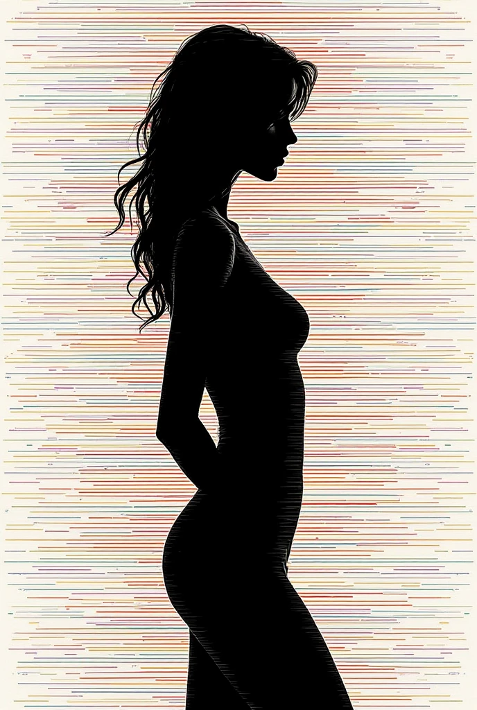 Line art, Monotony, Silhouette of a woman with long brown hair, From the shoulders up, moisture, Right leaning