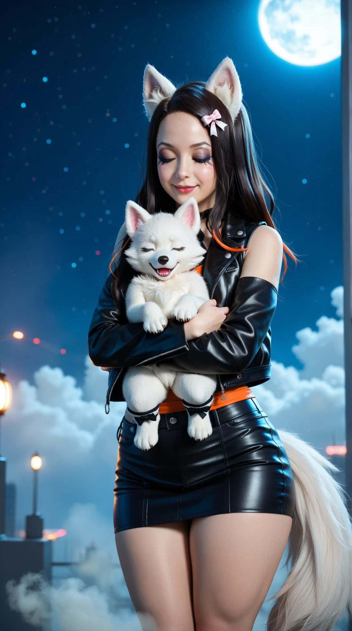 8K,Photorealsitic Raw photography top-quality;1.4) (1 Adult Dog Female) Super beauty anthropomorphic dog (Lifelike face) personification Personification of a snow-white dog Wear a red vest with many pockets Red shorts Beautiful expression 超A high resolution a smile Precision Details Realistic coat