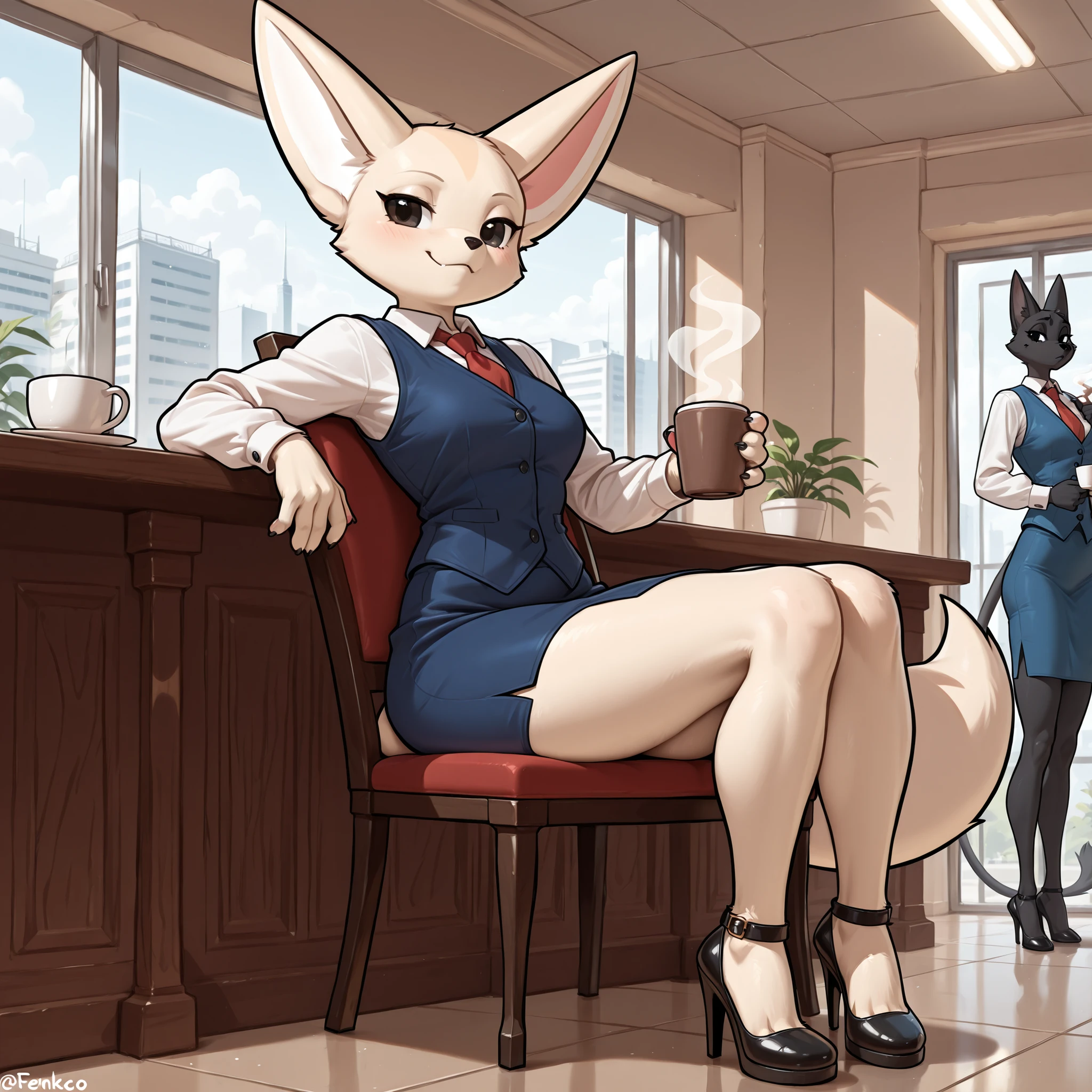Masterpiece, absurdres, newest, anthro, furry girl, fenneko, black_eyes, wearing blue vest, white long sleeve shirt, red tie, short blue skirt, tall slender body, heels, in a breakroom, sitting on a Chair, holding a cup of coffee, indoors