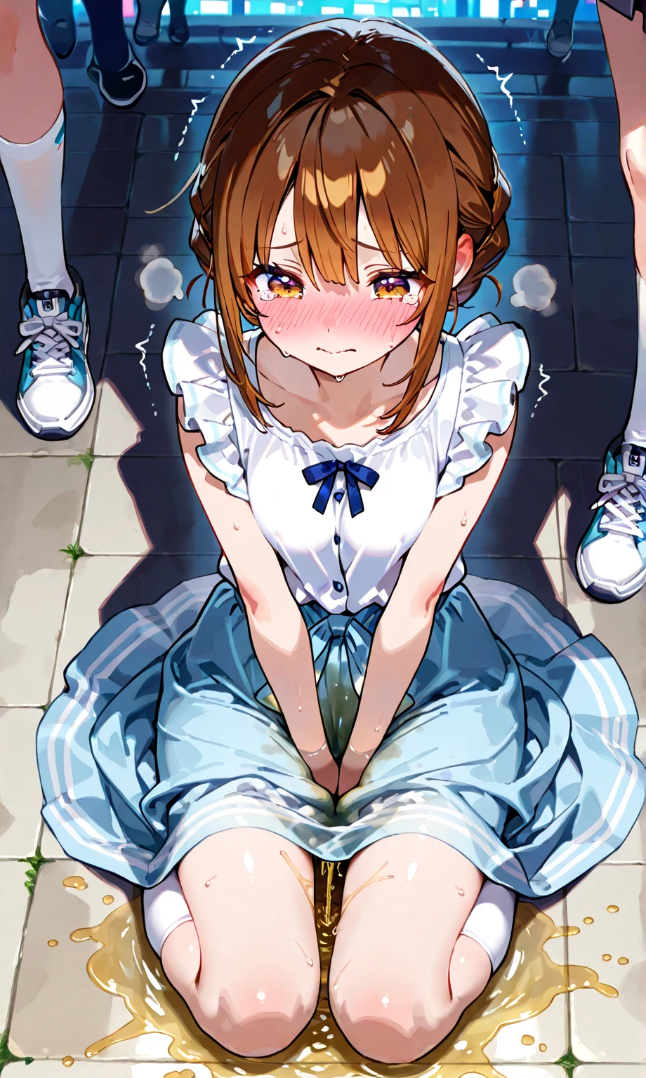(girl:1.2), (1 person:1.2),(10歳のgirl)、若いgirl、big breasts、 nffsw、shader、highly detailed eyes、loose fluffy short hair、side boob、underboob、Glossy cleavage、light brown hair、silky hair、knit dress(White thin fabric、plain colors、mini skirt)、ultra-intricate pupil in eyes、highest quality、bright colors、Bust 100、rests、Standing picture of the game、Stirring composition、Composition looking up from below、Lift your with your hands、Pose that emphasizes the chest、fold your arms、grinning expression、eyes half closed、open your mouth、stinky eyes、evil face、Bullish smile、fold your hands behind your back、Hide your hands、evil smile、whole body、cute