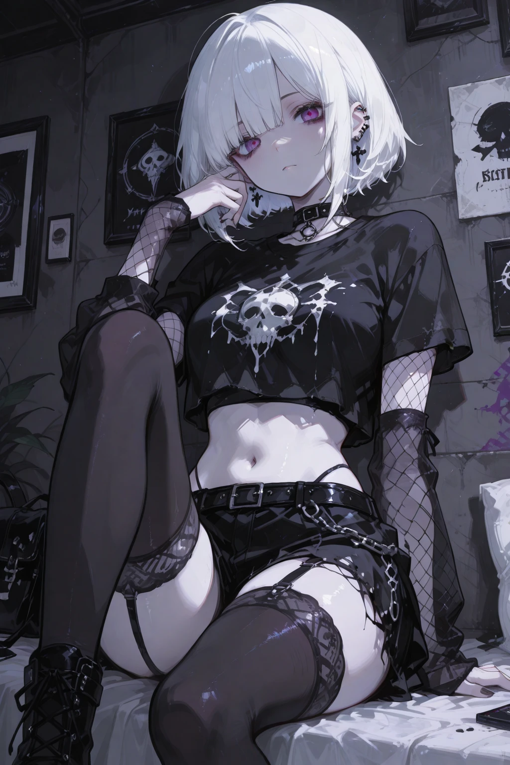 Young woman, white hair, black lipstick, dark eyeshadow, skinny and fit body, thick breasts, tiny string strap crop top, black daisy dukes, lounging back with legs open, sweaty