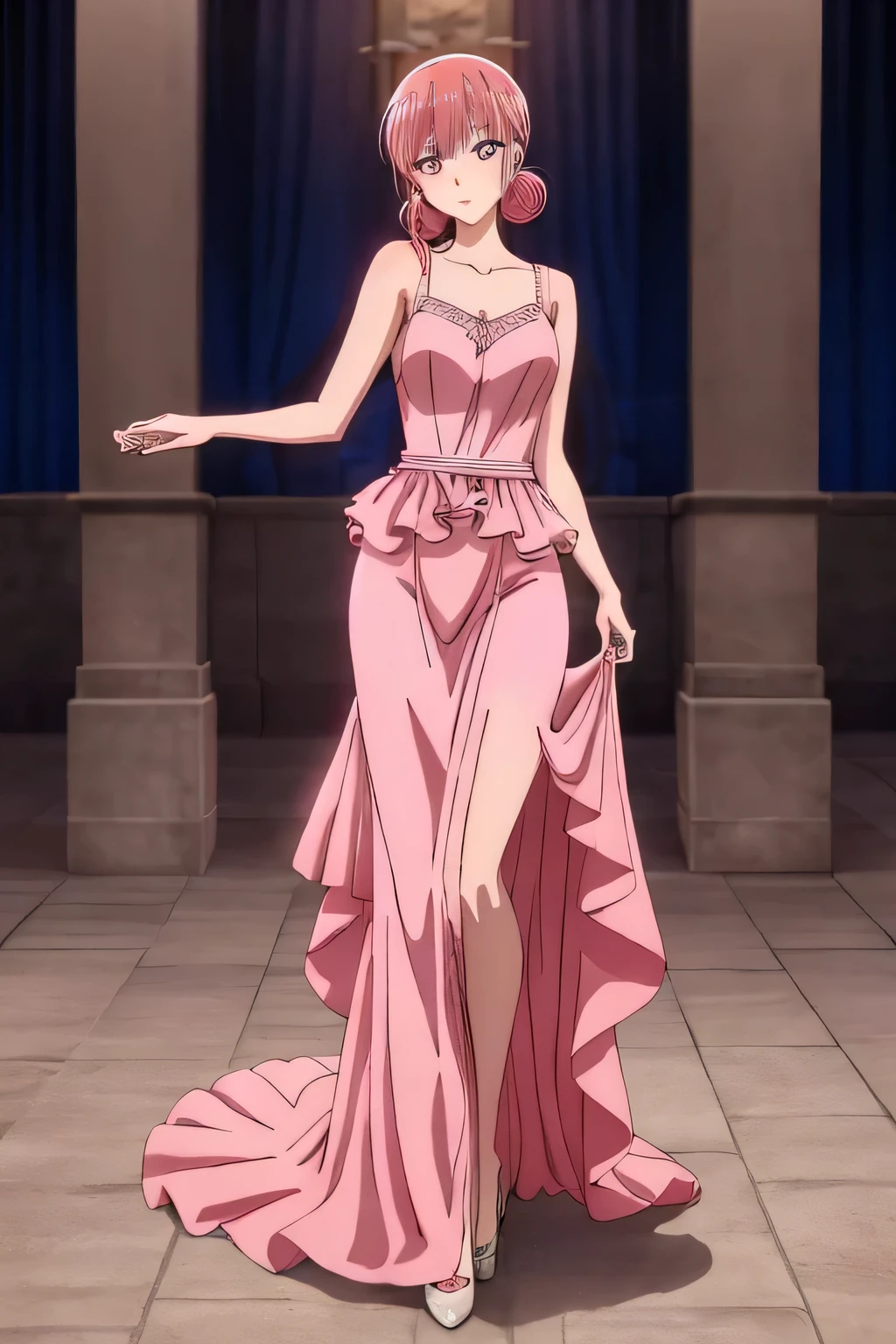 masterpiece, best quality, full body, standing, anime style, pink hair, twin buns, pink eyes, yellow cache-coeur dress, fishtail skirt, elegant pose, realistic proportions, soft lighting, looking at viewer, white background