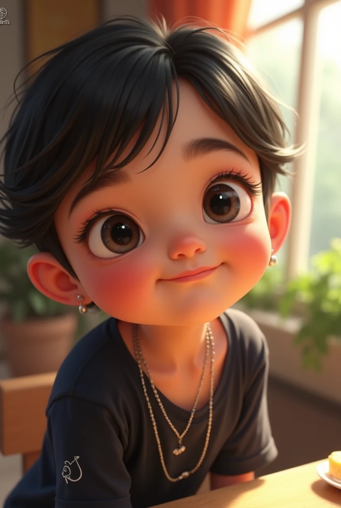 a 10 year girl with short hair,little healthy,in black top and grey shorts smiling
on a sofa mediumeyes black eyeball, indian , wearing black hairbad