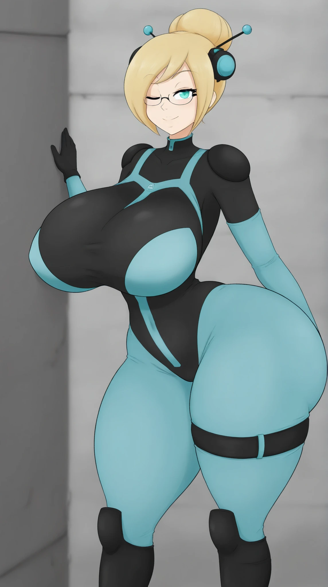 NSFW maddie fenton, towering over you, standing tall, showing off her sexy body, view from below, mature milf, blue bodysuit, curvy physique, tiny waist with huge ass, twisted dark sexual feelings, sultry look on her face, sexy provocative face